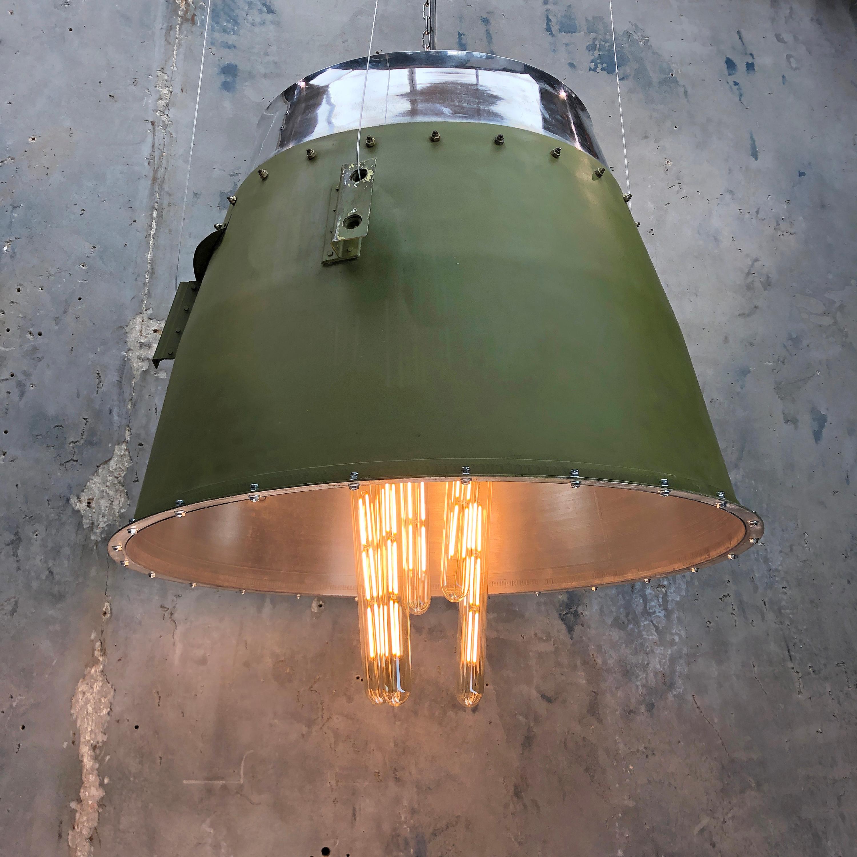 Spun 1980s Canadian Bombardier Jet Engine Cowling, Green Industrial Pendant Light