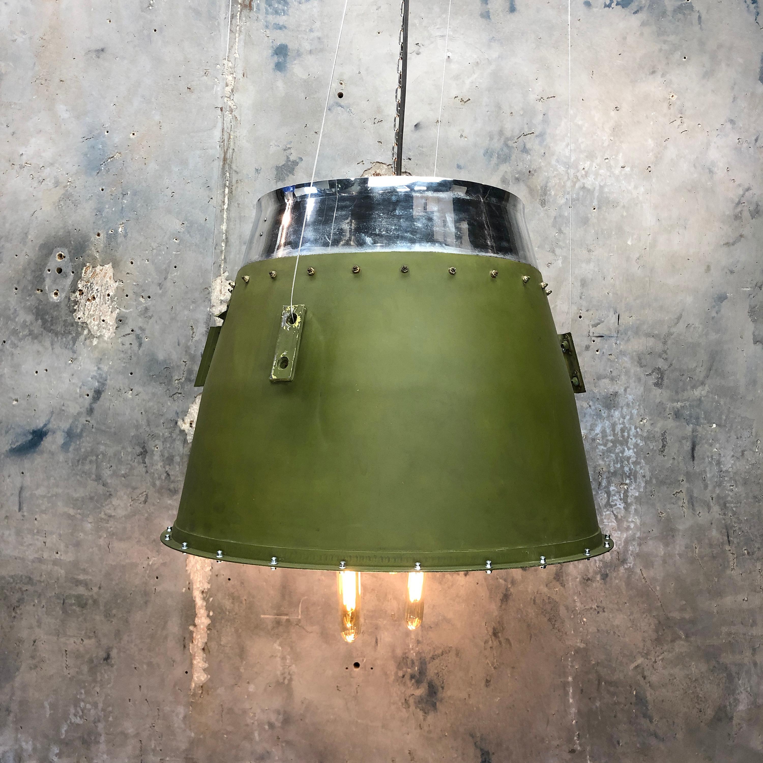 Aluminum 1980s Canadian Bombardier Jet Engine Cowling, Green Industrial Pendant Light