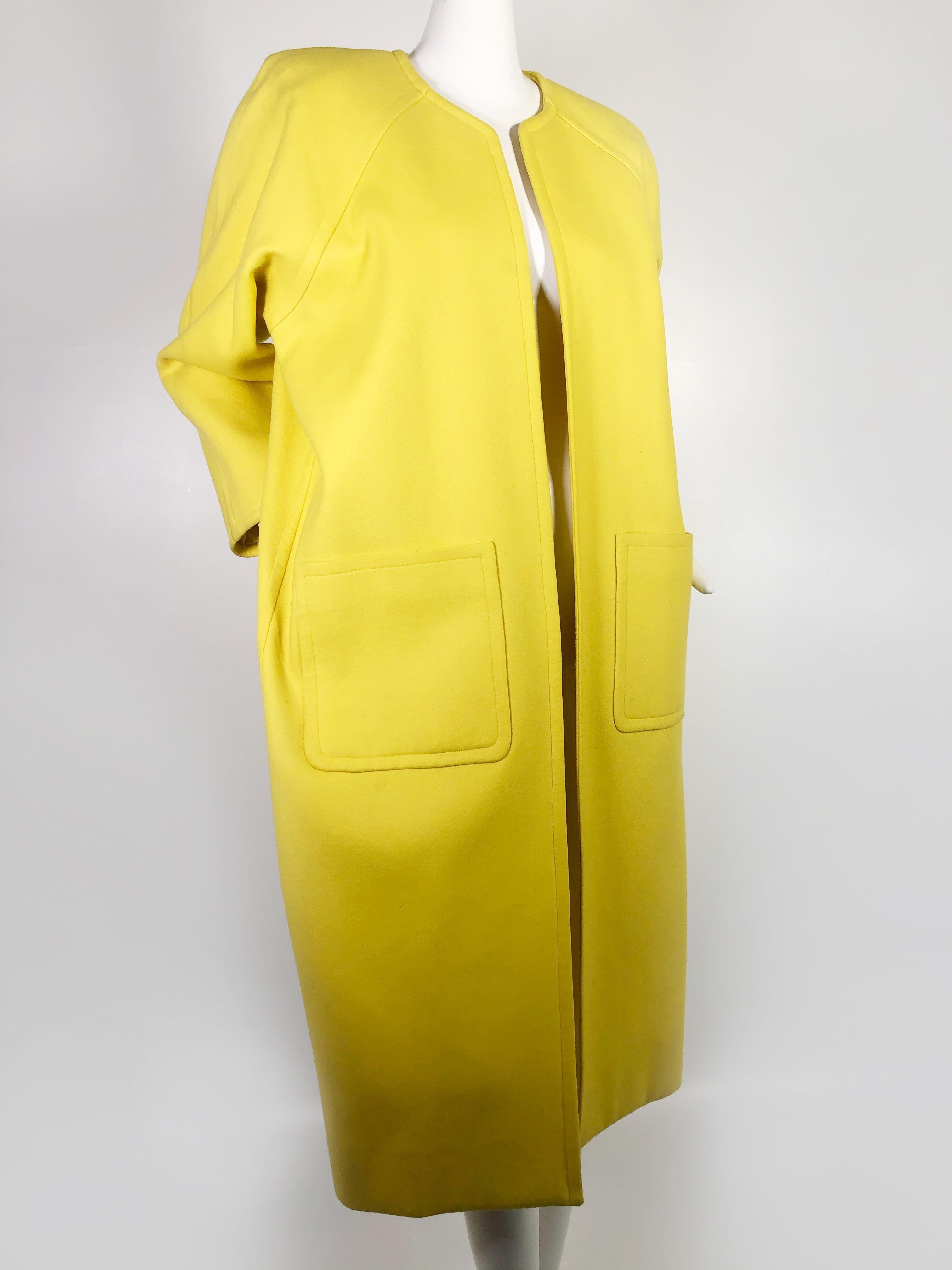 1980s Canary Yellow Wool Coat with Deep Hip Pockets and Raglan Sleeves 1