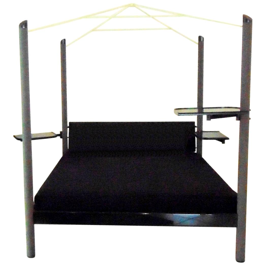 1980s Green Canopy Bed Glossy Dark Lacquer, Adjustable Shelves, Sormani, Italy