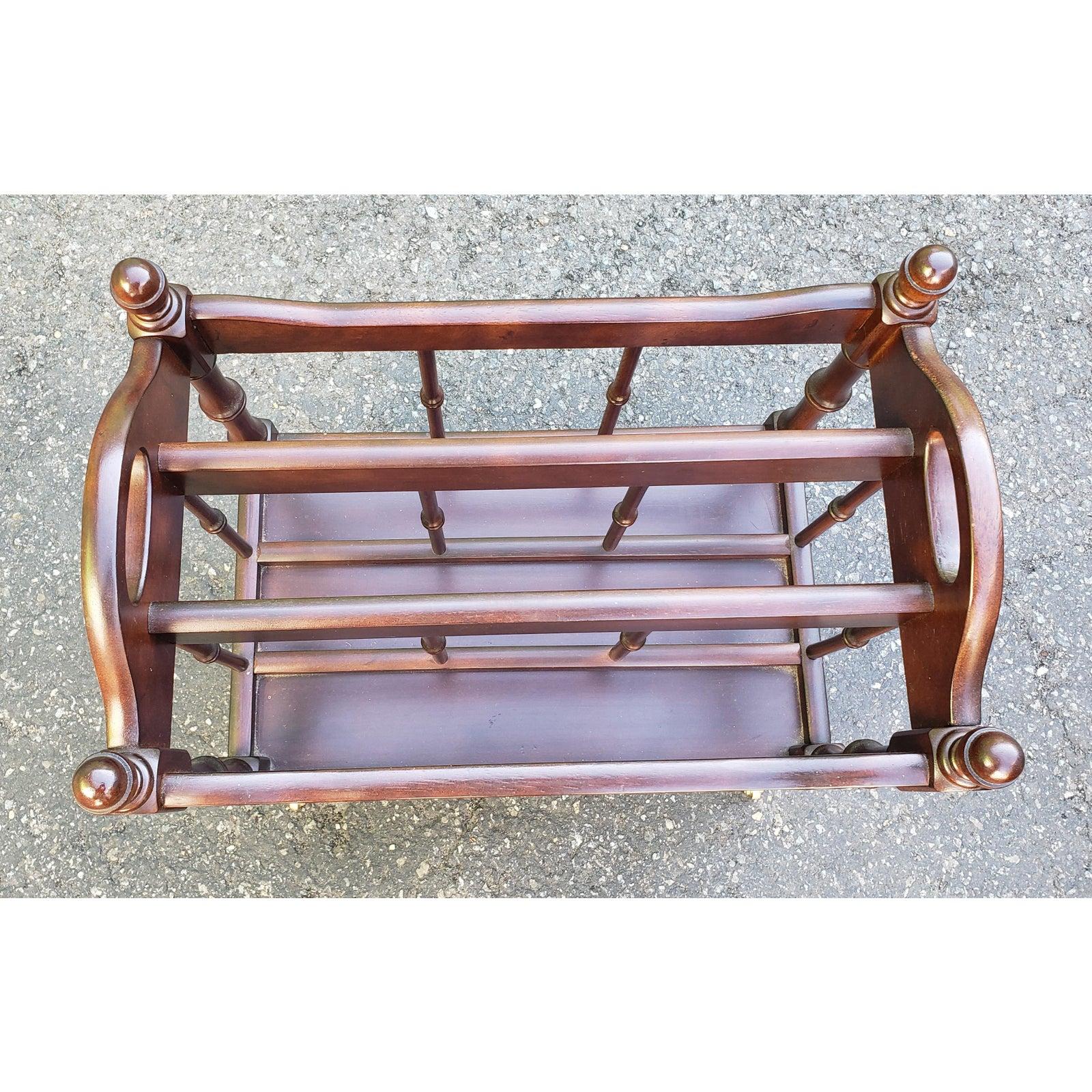 Classic Canterbury style rack for magazines and newspapers, based on the unsurpassed style of English racks designed for originally storing sheets of music. Solid mahogany rack features solid brass casters. 7

Measures 19
