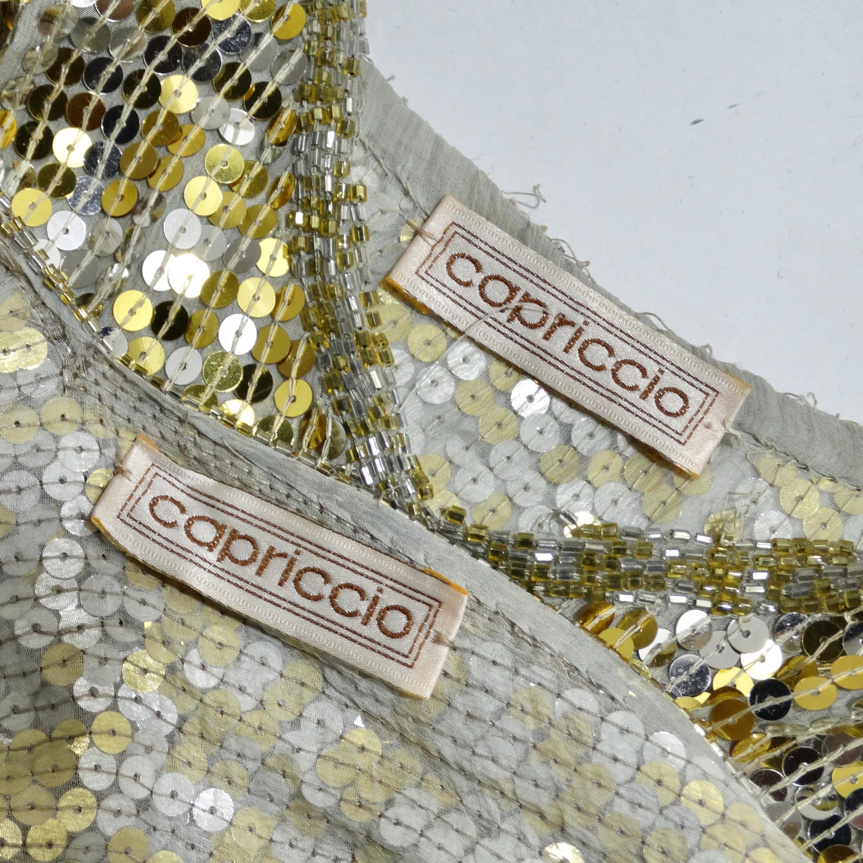 1980s Capriccio Gold Sequin Embellished Dress, Shawl & Belt Set For Sale 6