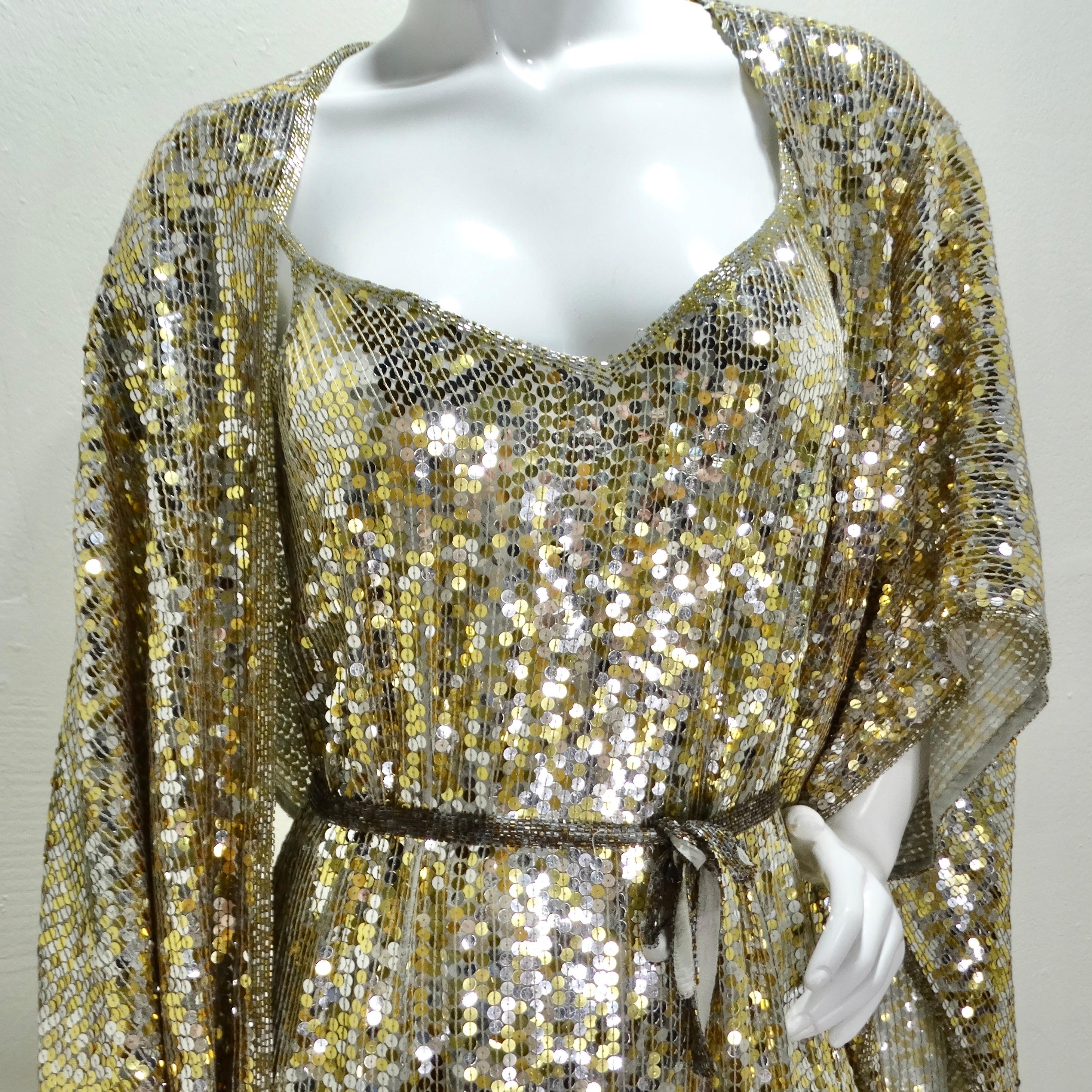 Dazzle in Glamour with the 1980s Capriccio Gold Sequin Embellished Dress, Shawl & Belt Set! Introducing a show-stopping 3-piece ensemble from the 1980s, the Capriccio Gold Sequin Embellished Dress, Shawl & Belt Set. The incredible drop-waist midi
