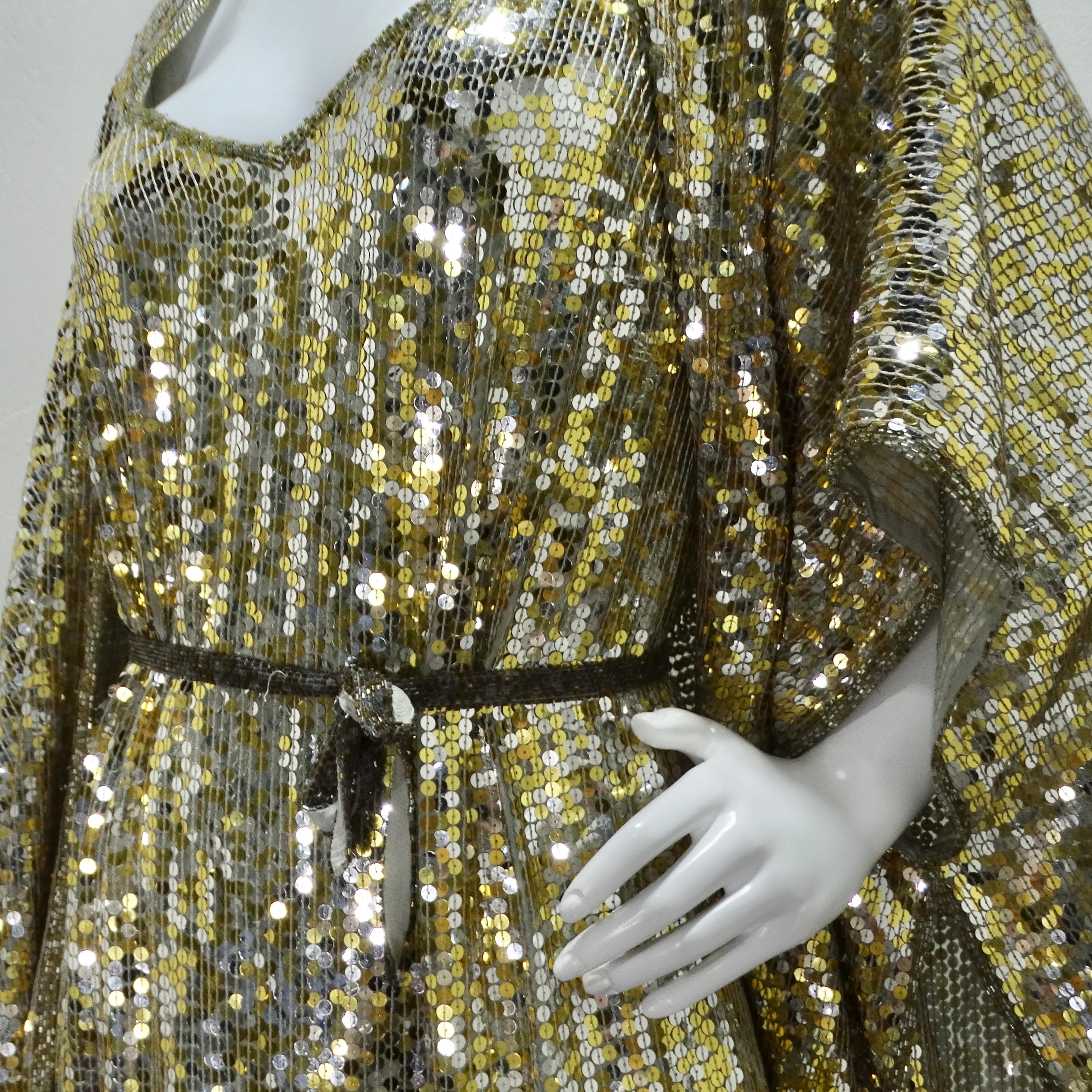Women's or Men's 1980s Capriccio Gold Sequin Embellished Dress, Shawl & Belt Set For Sale