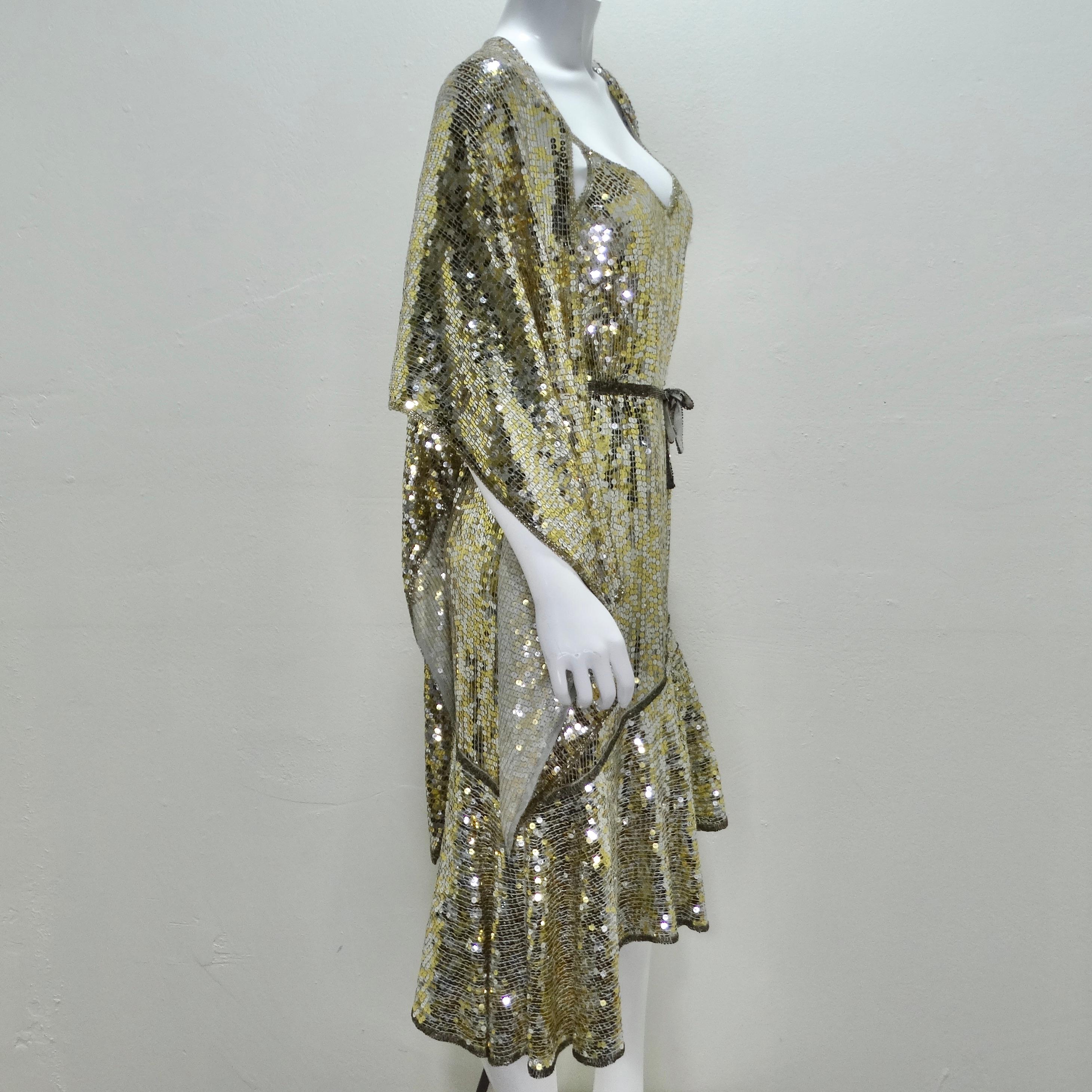 1980s Capriccio Gold Sequin Embellished Dress, Shawl & Belt Set For Sale 1