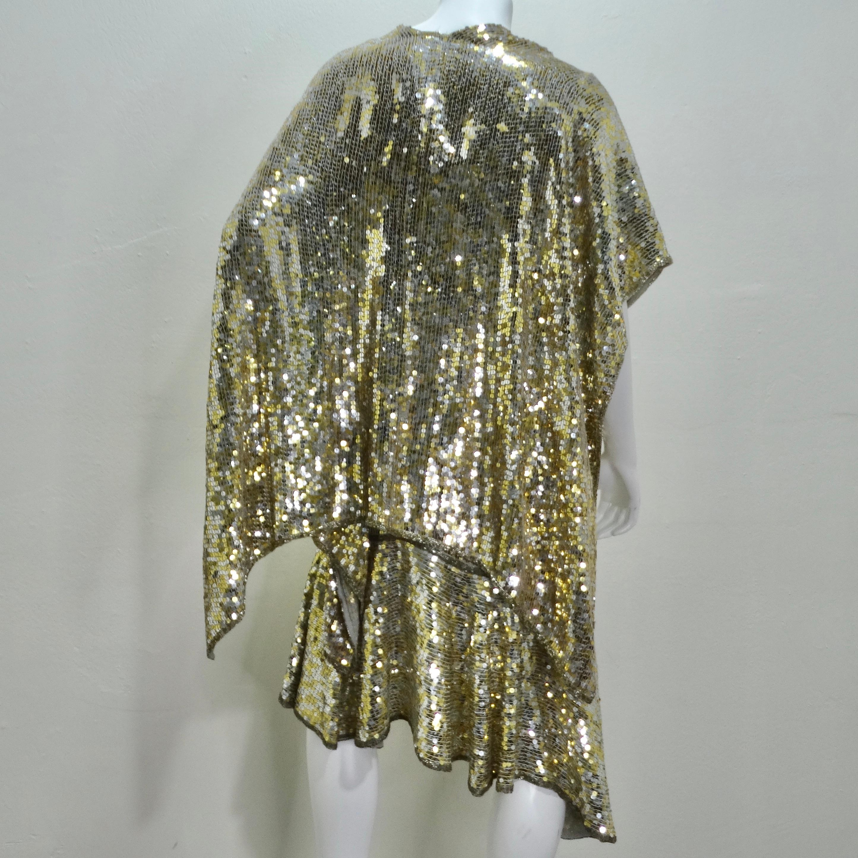 1980s Capriccio Gold Sequin Embellished Dress, Shawl & Belt Set For Sale 2