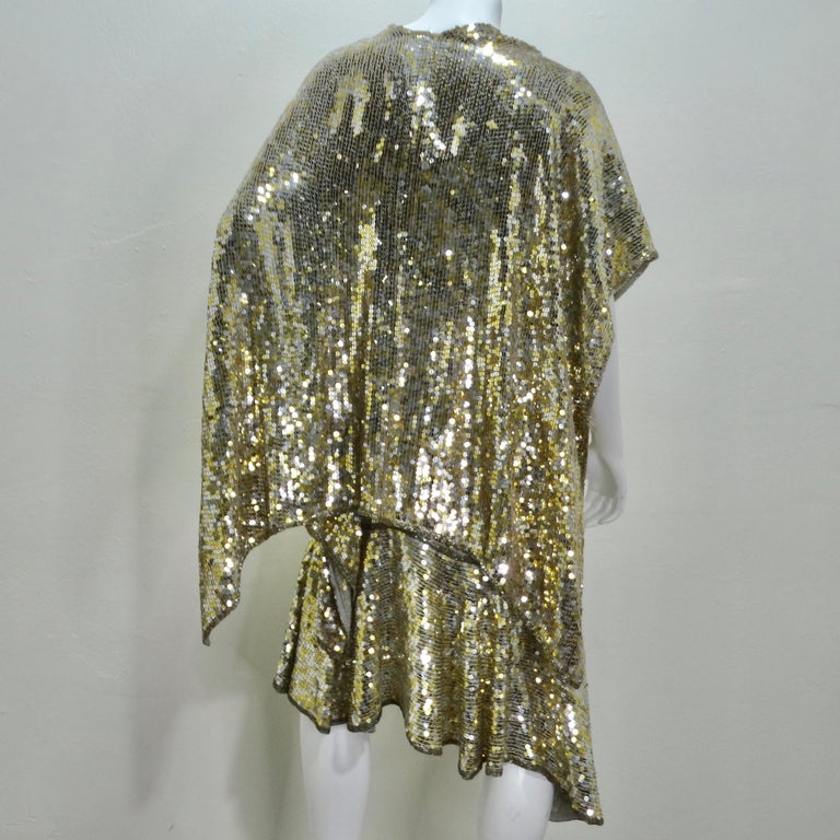 1980s Capriccio Gold Sequin Embellished Dress, Shawl & Belt Set