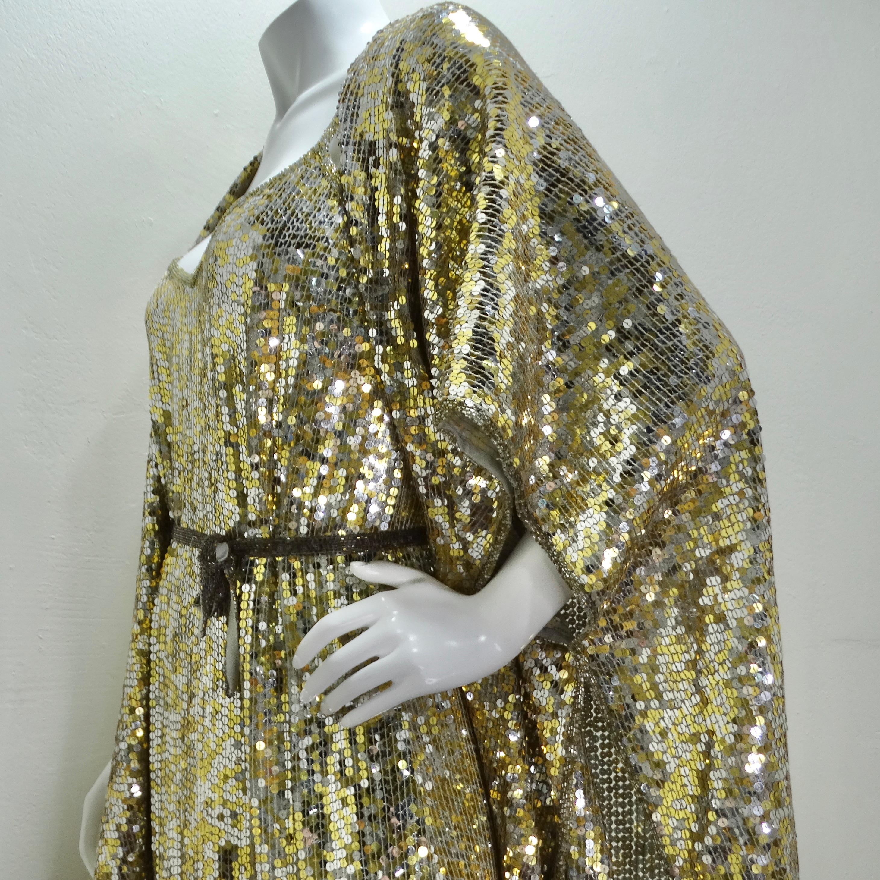 1980s Capriccio Gold Sequin Embellished Dress, Shawl & Belt Set For Sale 4