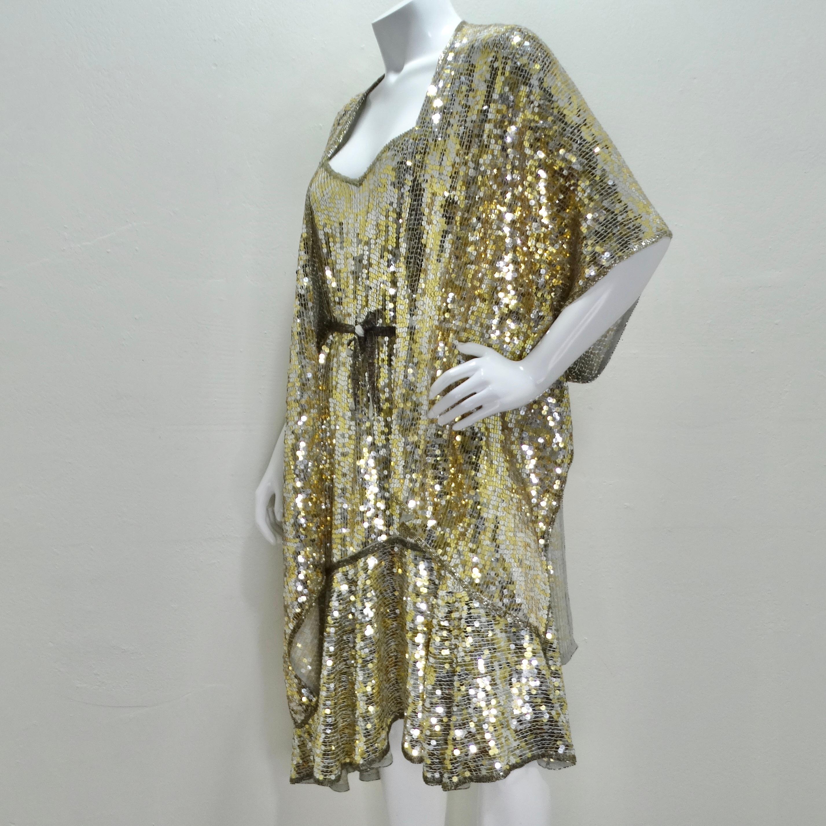 1980s Capriccio Gold Sequin Embellished Dress, Shawl & Belt Set For Sale 5