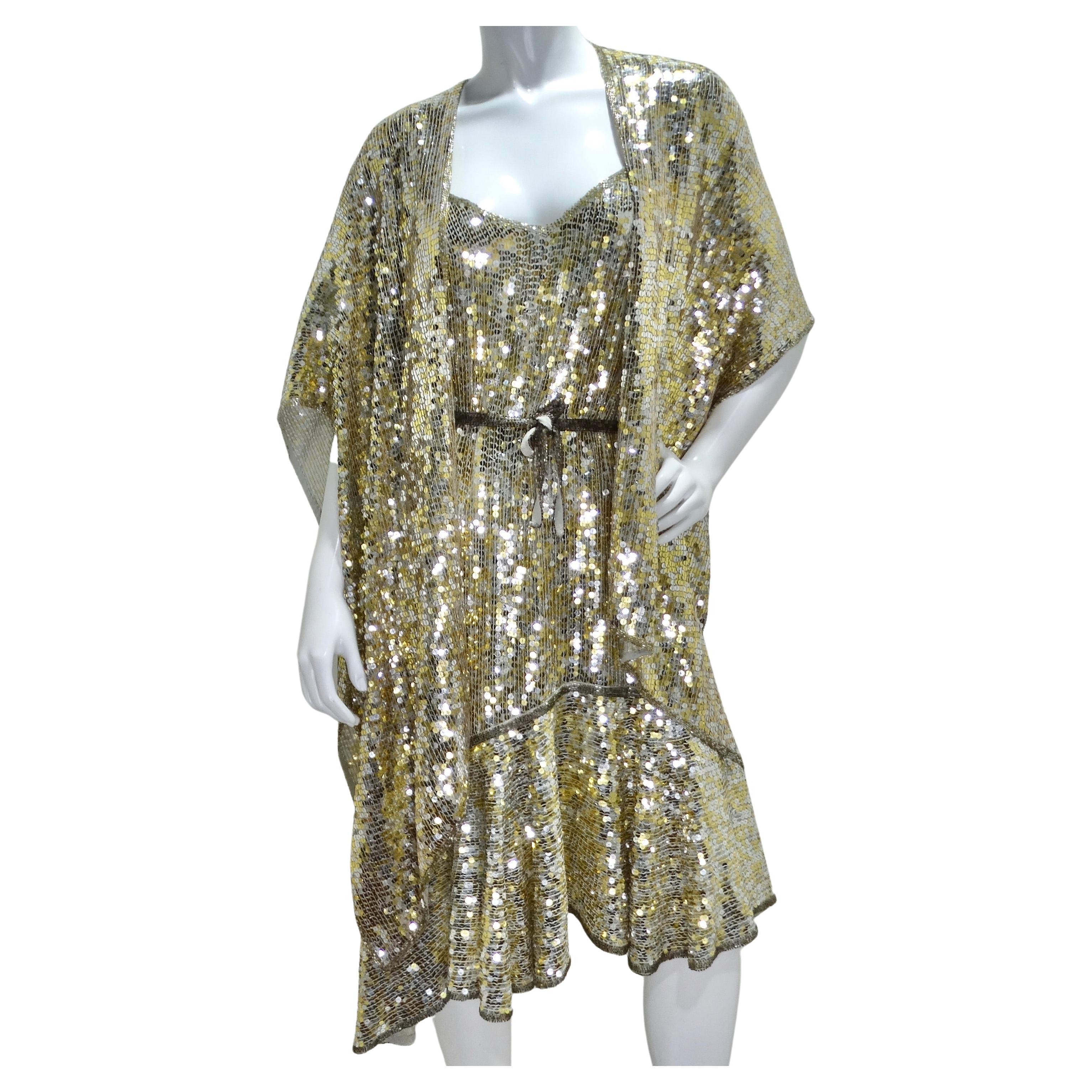 1980s Capriccio Gold Sequin Embellished Dress, Shawl & Belt Set For Sale
