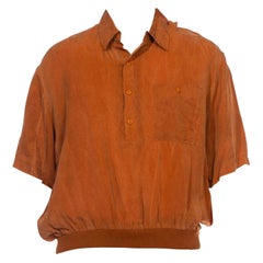 1980S Caramel Brown Silk Elastic Waist Men's Pullover Shirt
