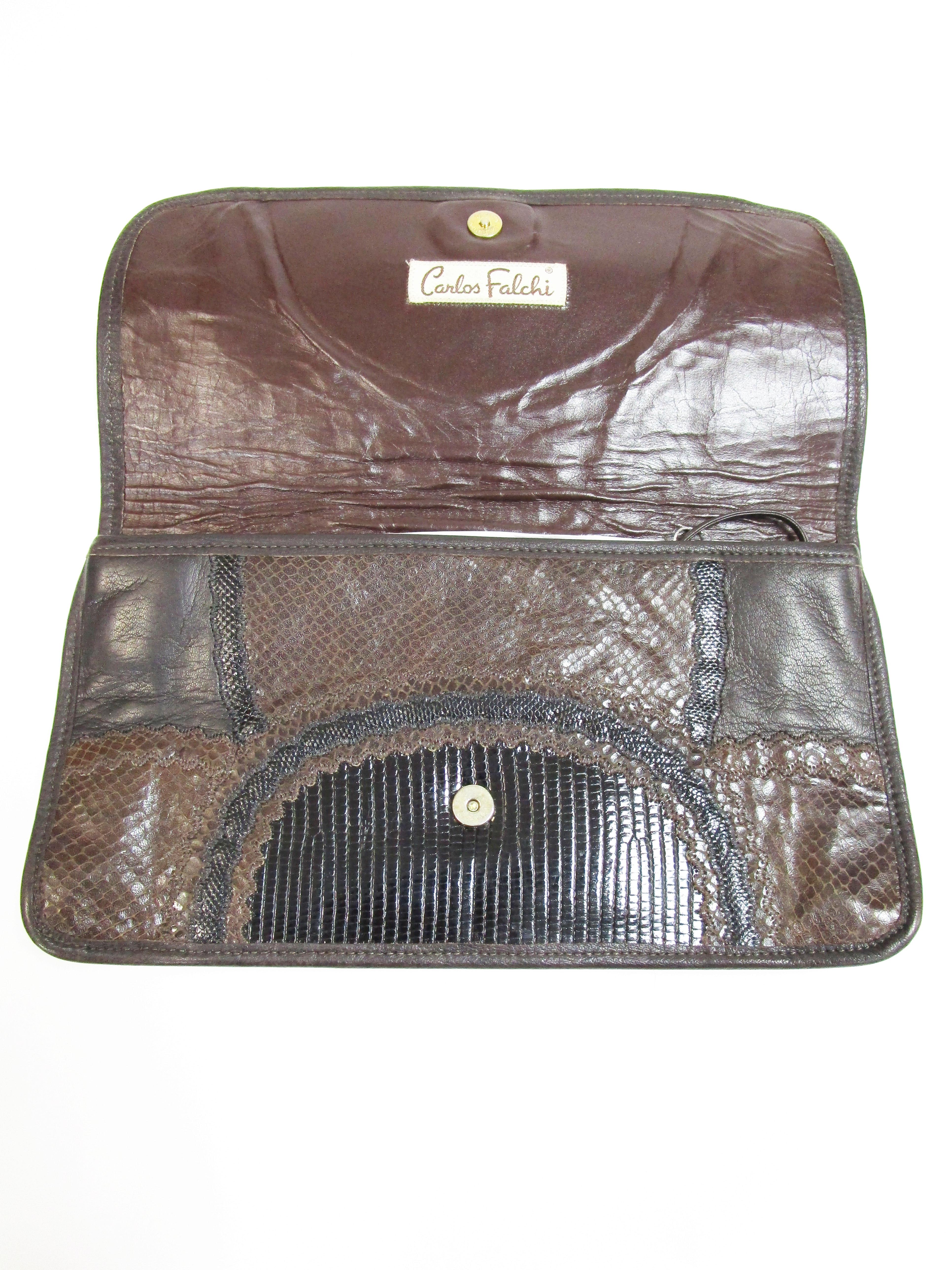 Carols Falchi created this clutch with multiple skins including Lizard, Snake and leather in brown and black. There is a leather strap if you want to use it as a shoulder bag. Large enough for a phone. Can be used for daytime or evening. 


Strap