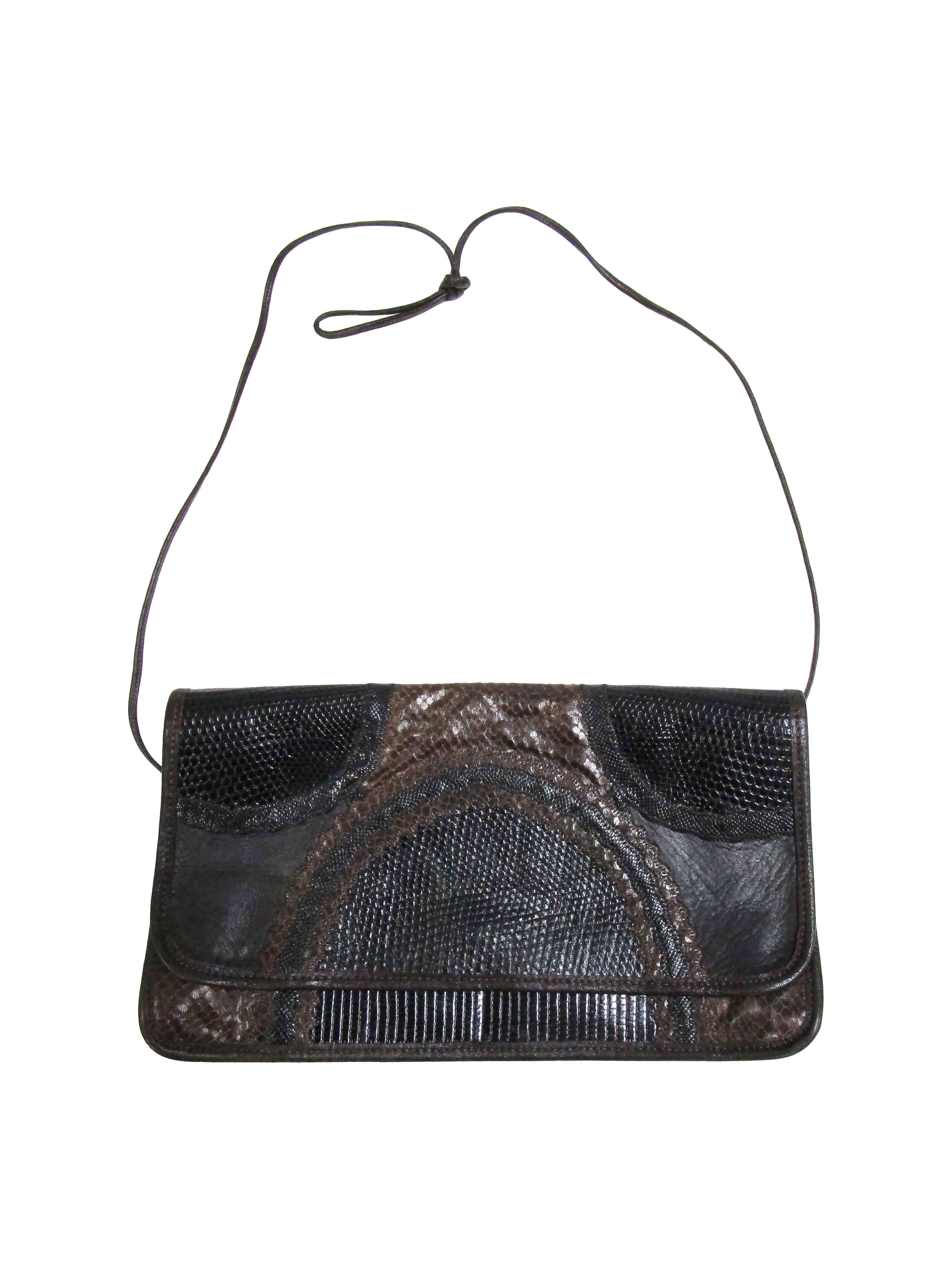 1980's Carlos Falchi Black Exotic Skins Clutch w/ Shoulder Strap In Good Condition For Sale In Houston, TX