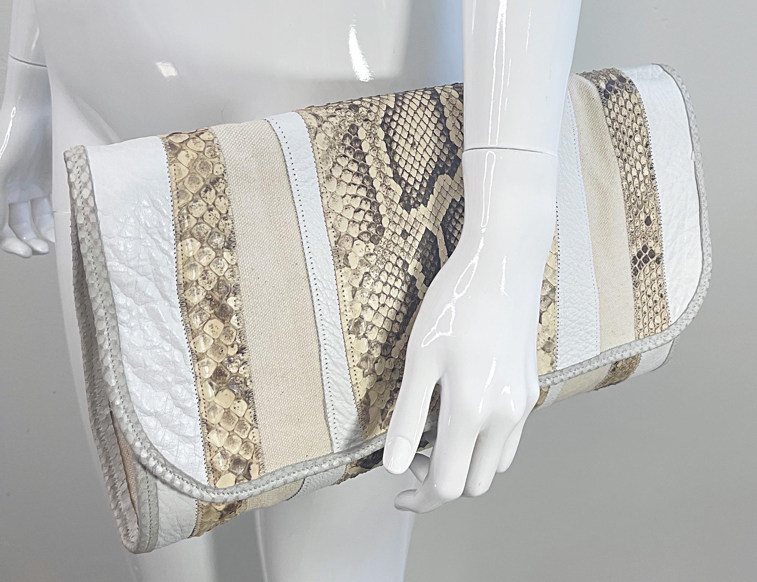 1980s Carlos Falchi XL Python Snakeskin White Taupe Vintage Shoulder Bag Clutch For Sale 12