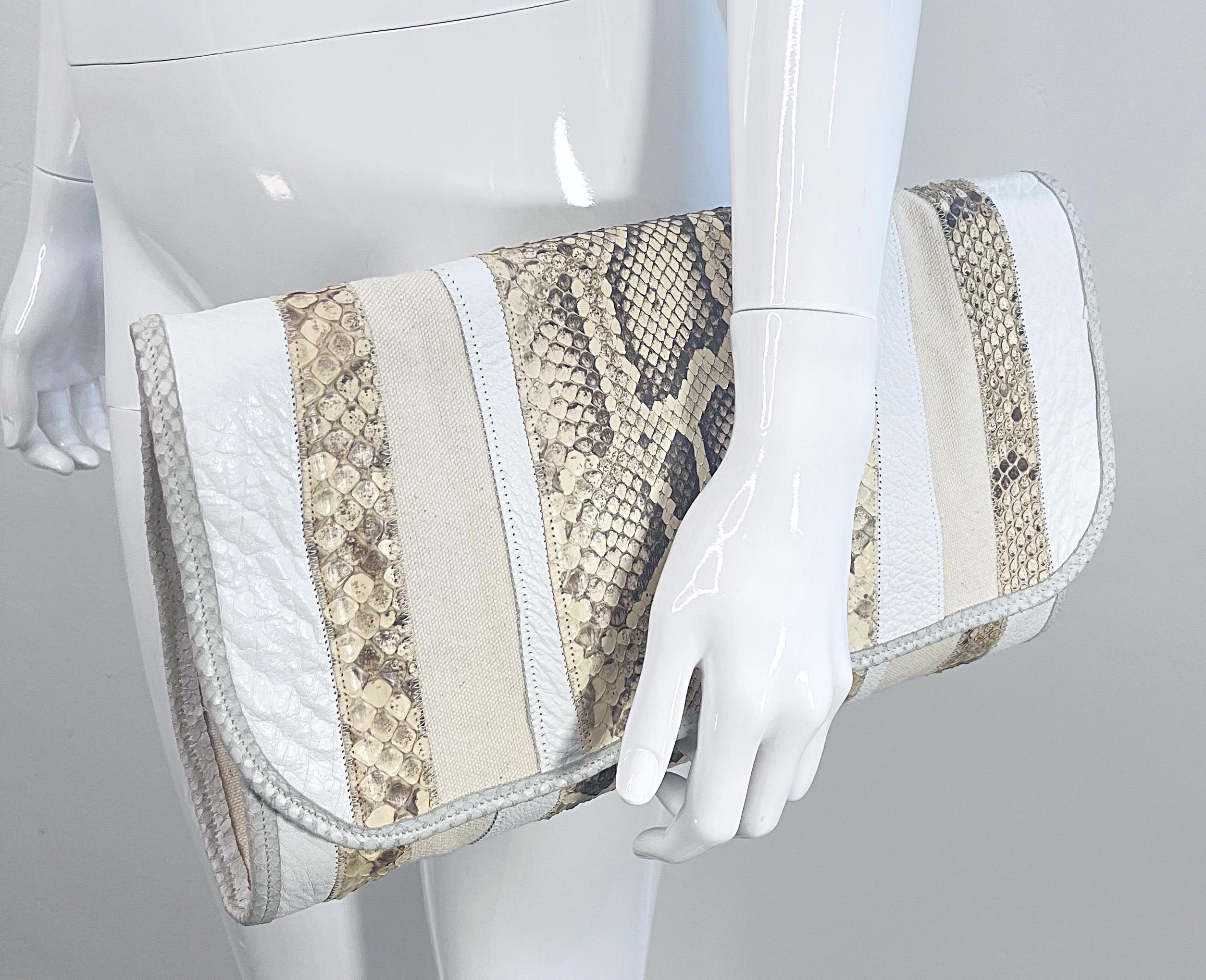 1980s Carlos Falchi XL Python Snakeskin White Taupe Vintage Shoulder Bag Clutch For Sale 16