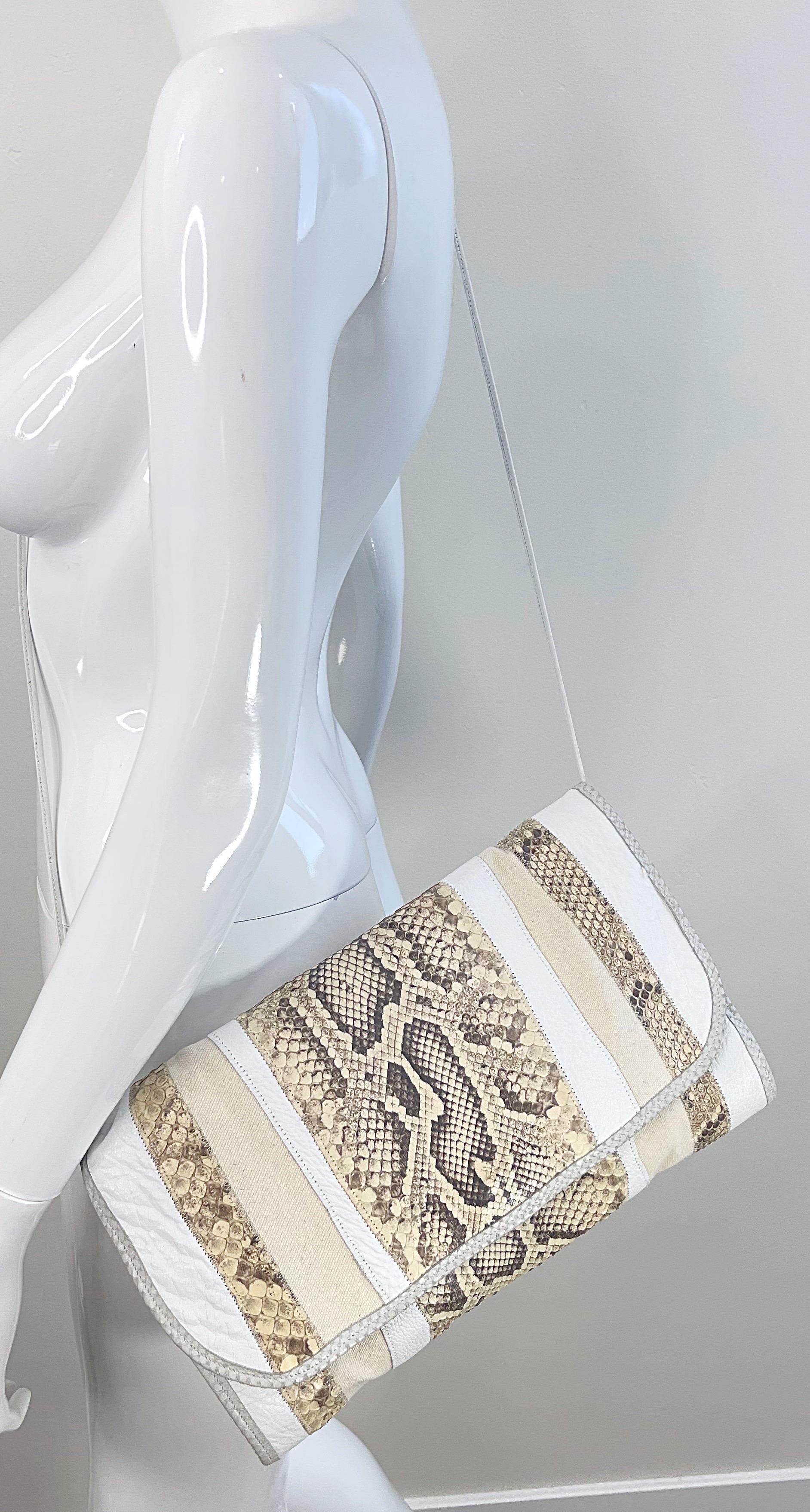 1980s Carlos Falchi XL Python Snakeskin White Taupe Vintage Shoulder Bag Clutch For Sale 3