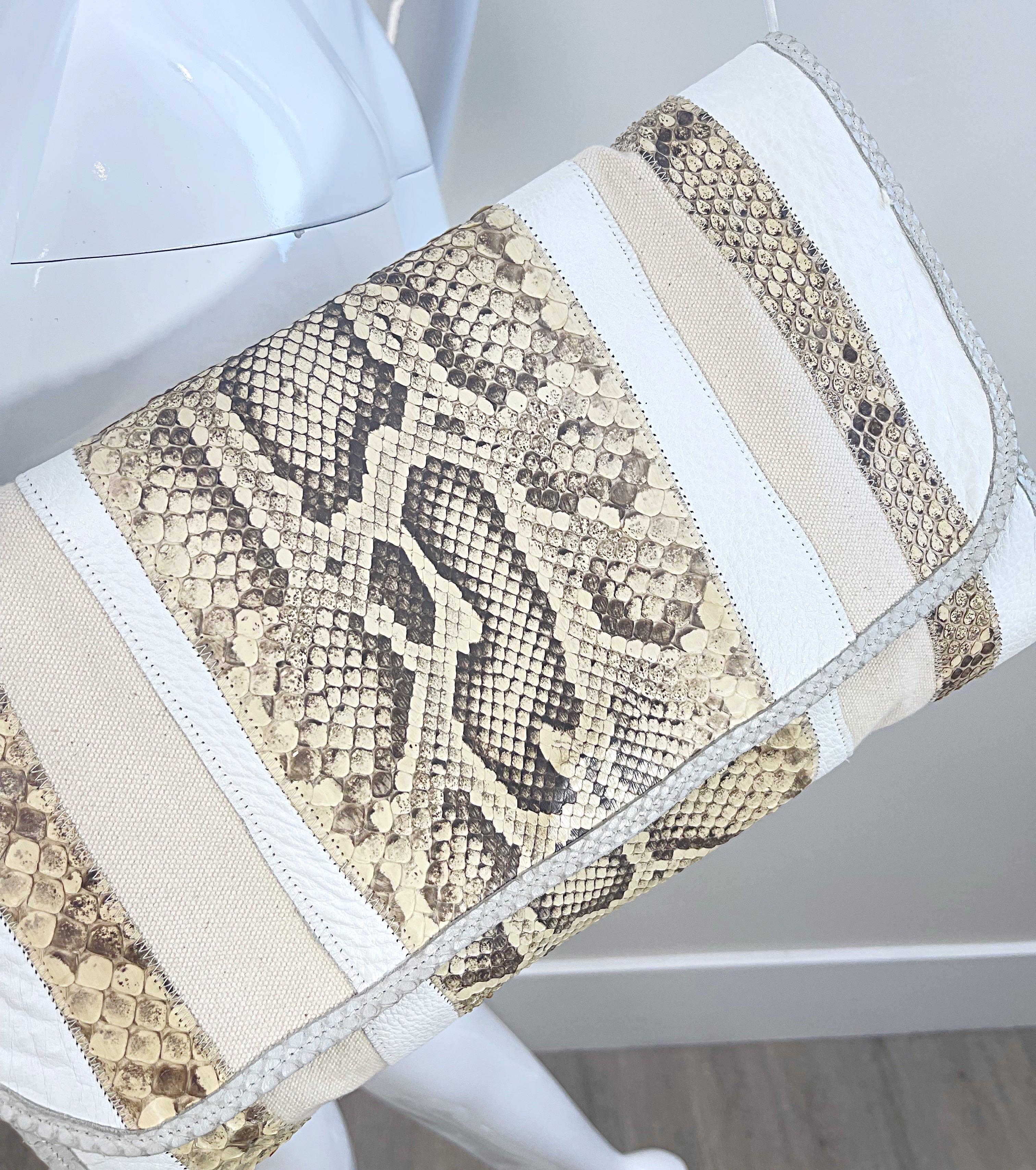 1980s Carlos Falchi XL Python Snakeskin White Taupe Vintage Shoulder Bag Clutch For Sale 4