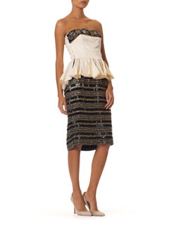 1980S Carmen Marc Valvo Black & Ivory Silk & Rayon Ottoman & Organza Strapless D