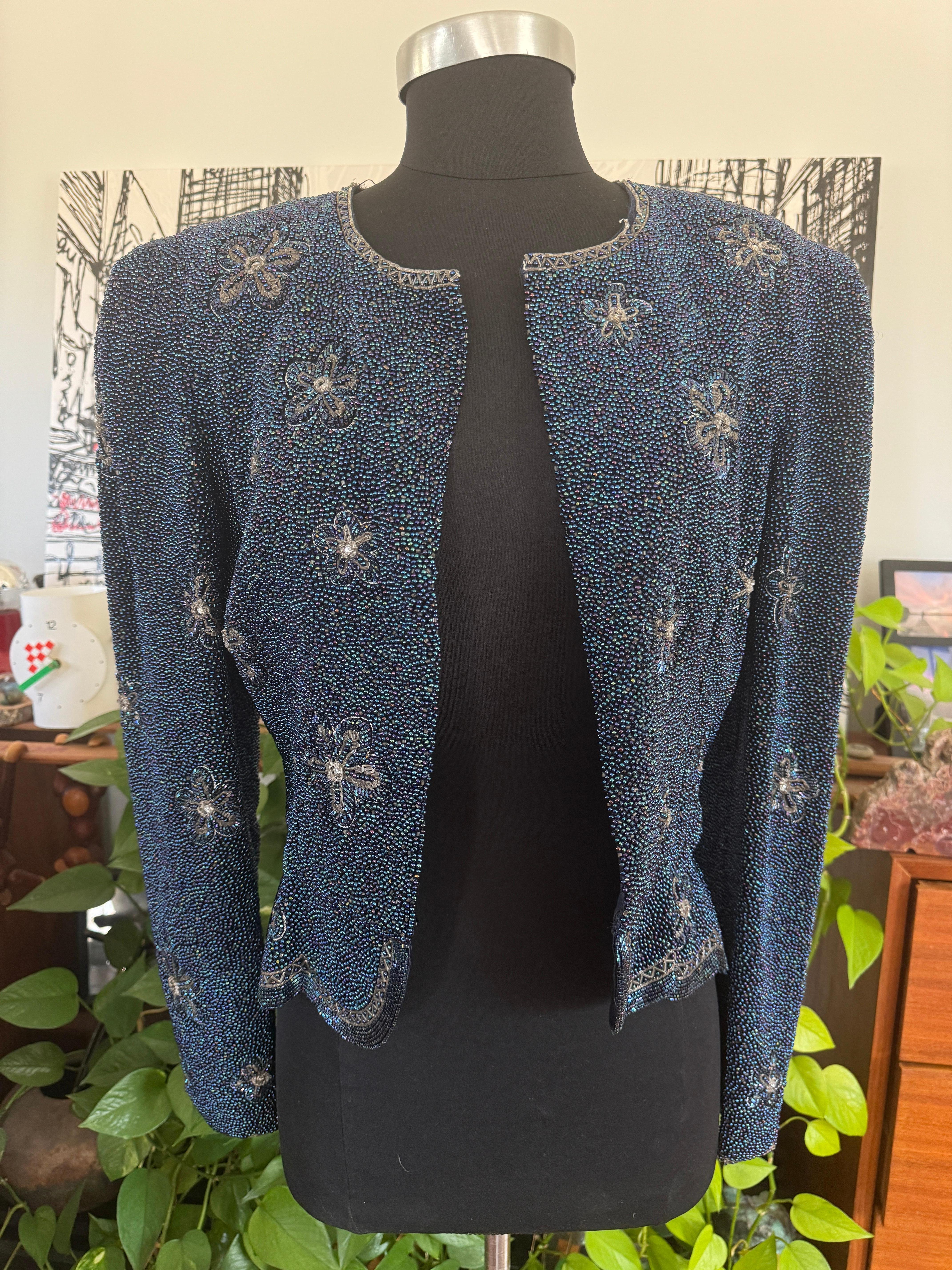 1980s Carolina Herrera Aurora Borealis Beaded Bolero Jacket For Sale 10