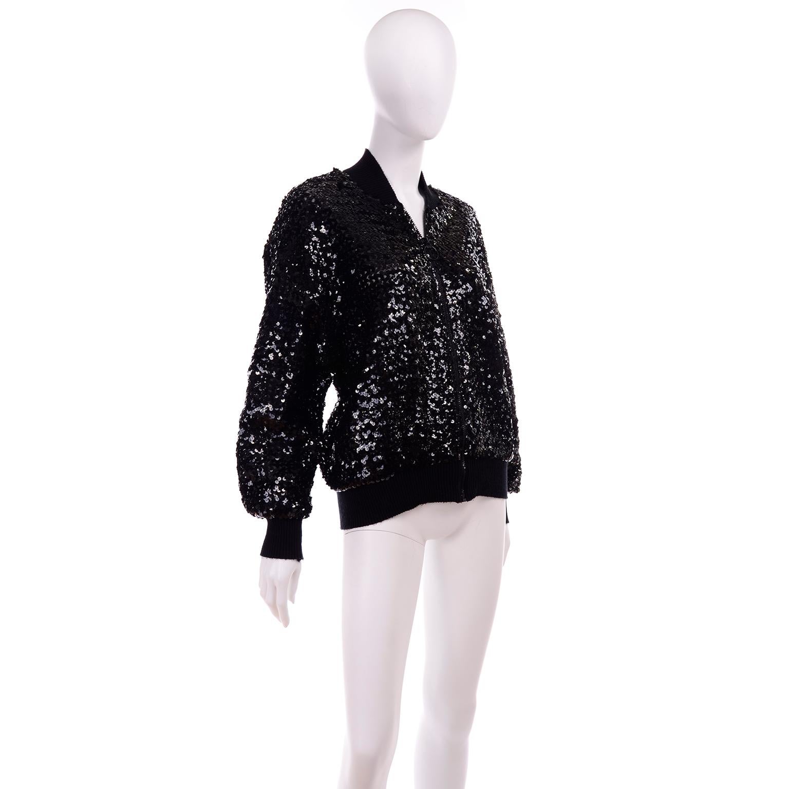 1980s Caron Vintage Black Sequin Zip Front Sweatshirt Style Jacket Top In Excellent Condition In Portland, OR
