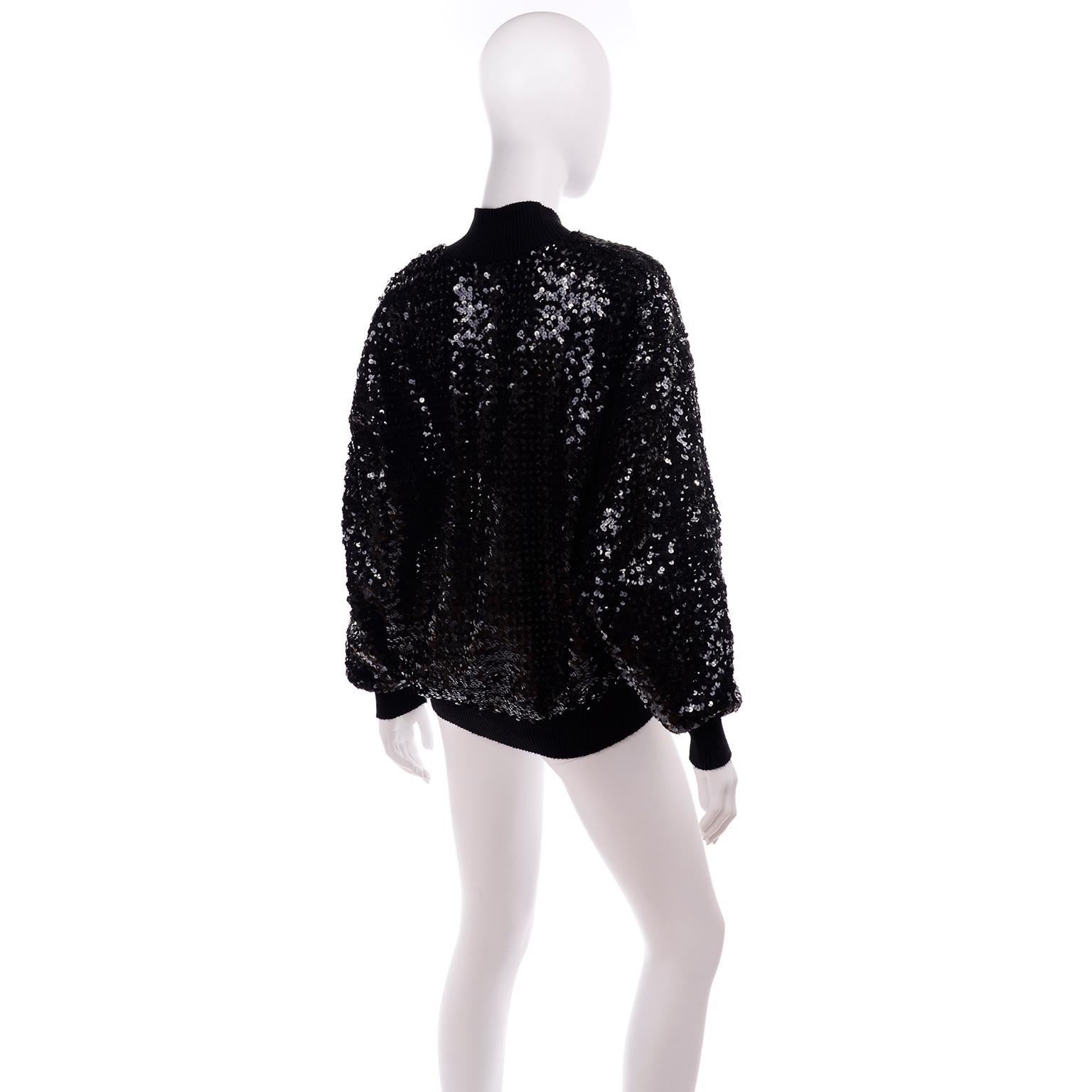 Women's 1980s Caron Vintage Black Sequin Zip Front Sweatshirt Style Jacket Top