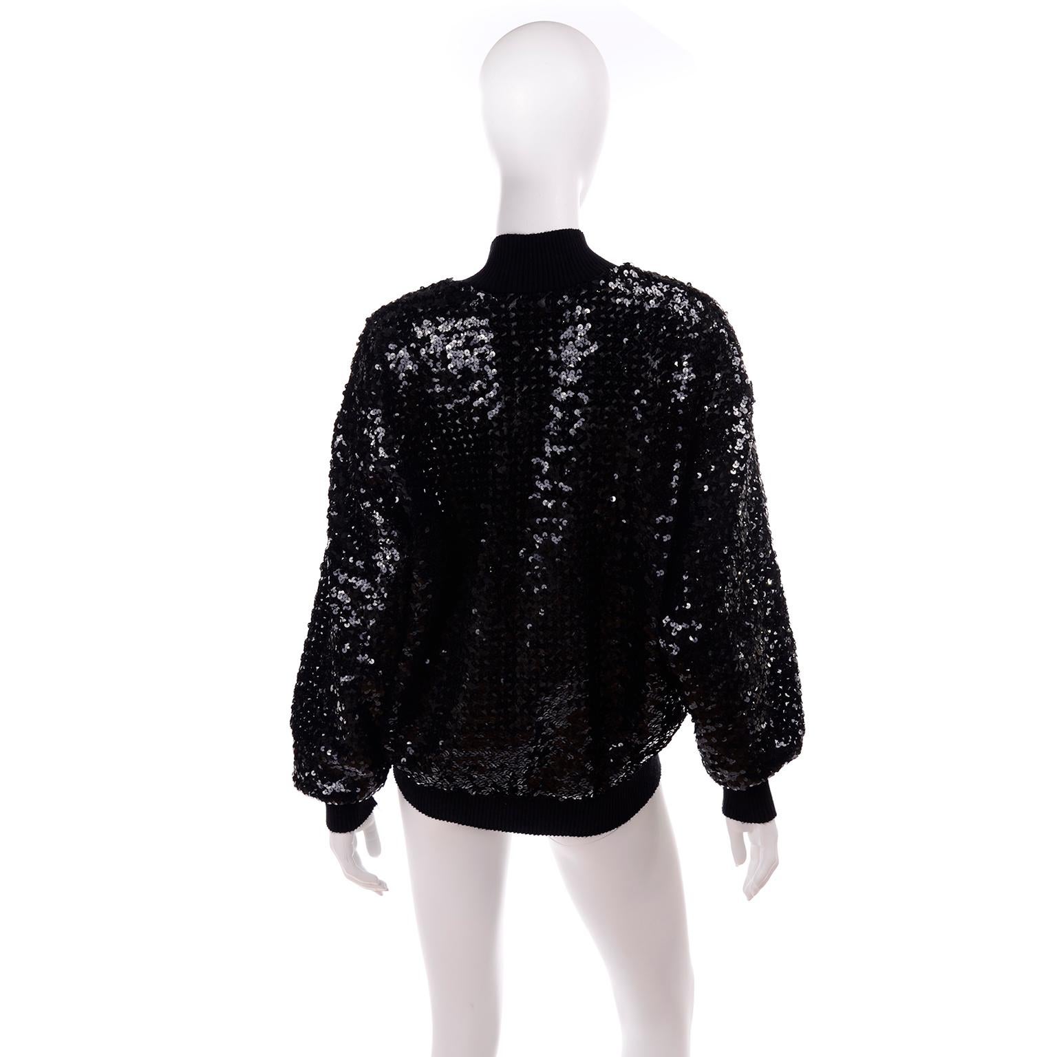 1980s Caron Vintage Black Sequin Zip Front Sweatshirt Style Jacket Top 1