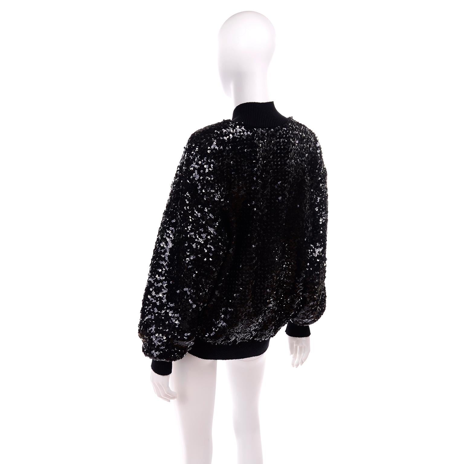 1980s Caron Vintage Black Sequin Zip Front Sweatshirt Style Jacket Top 2