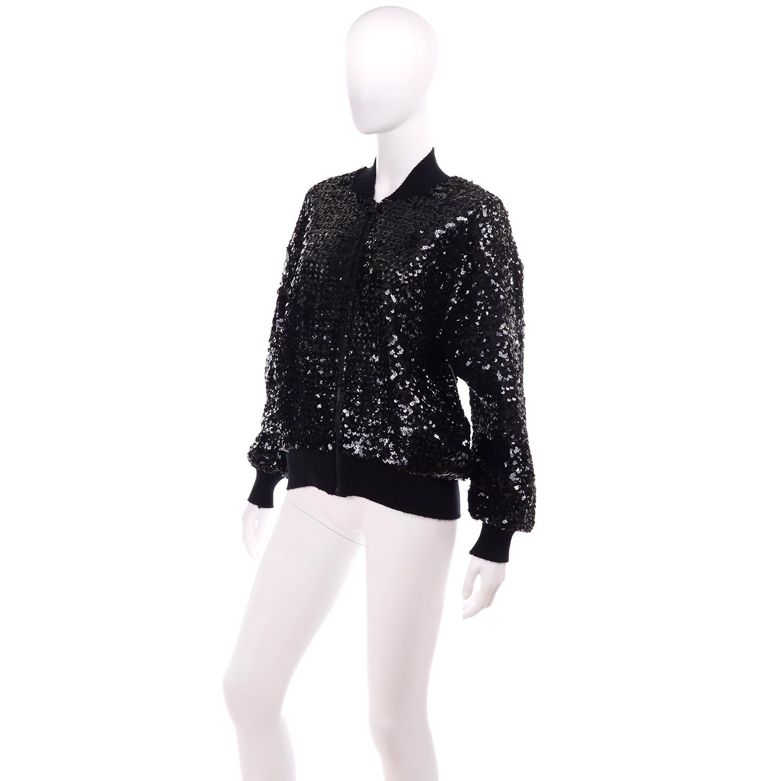1980s Caron Vintage Black Sequin Zip Front Sweatshirt Style Jacket Top 3