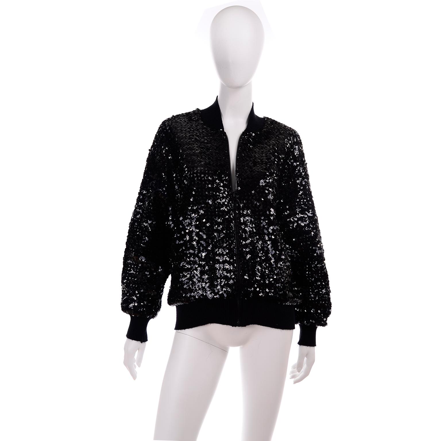 1980s Caron Vintage Black Sequin Zip Front Sweatshirt Style Jacket Top 4
