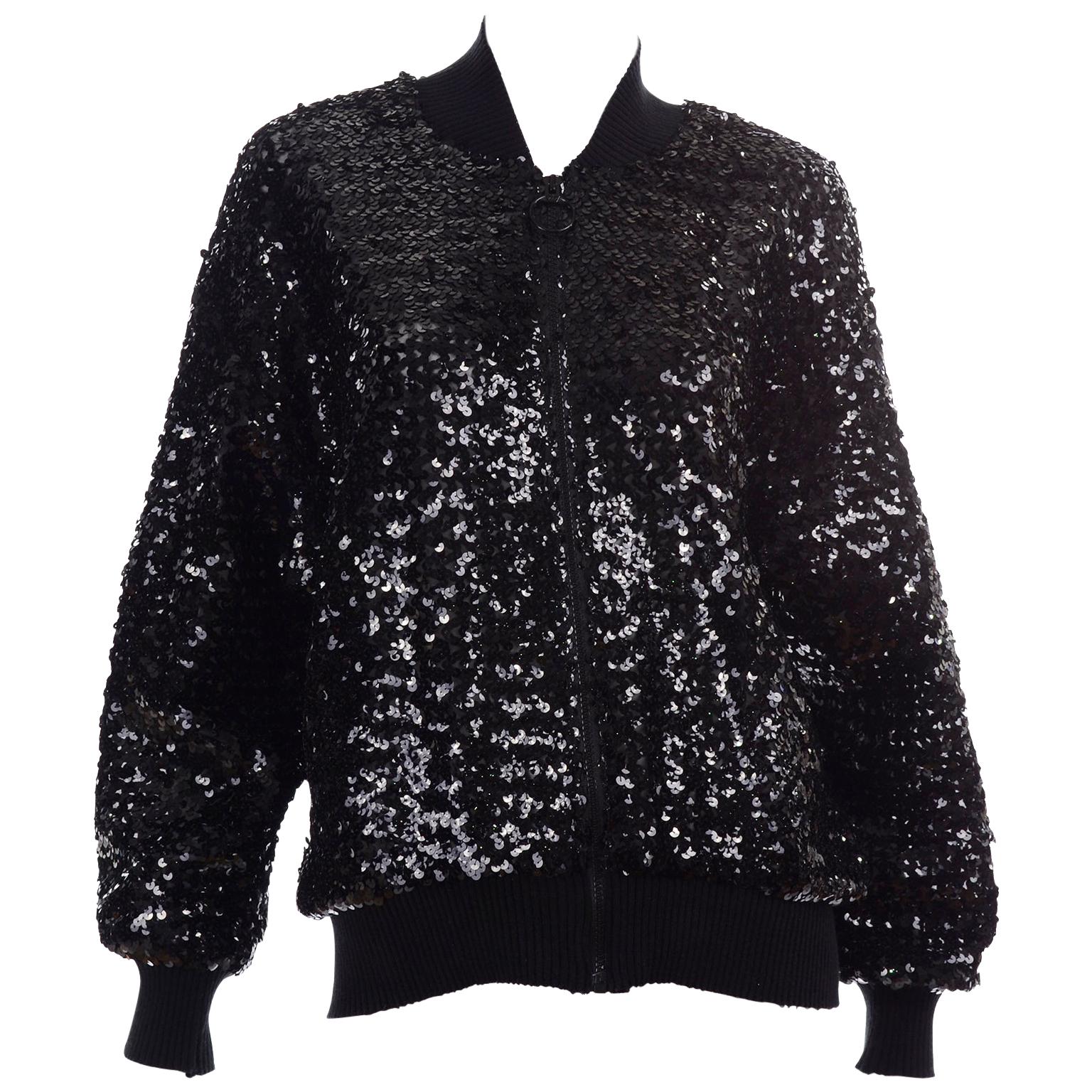 1980s Caron Vintage Black Sequin Zip Front Sweatshirt Style Jacket Top