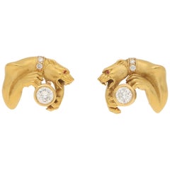 1980s Carrera y Carrera Diamond Panther Earrings in Yellow Gold