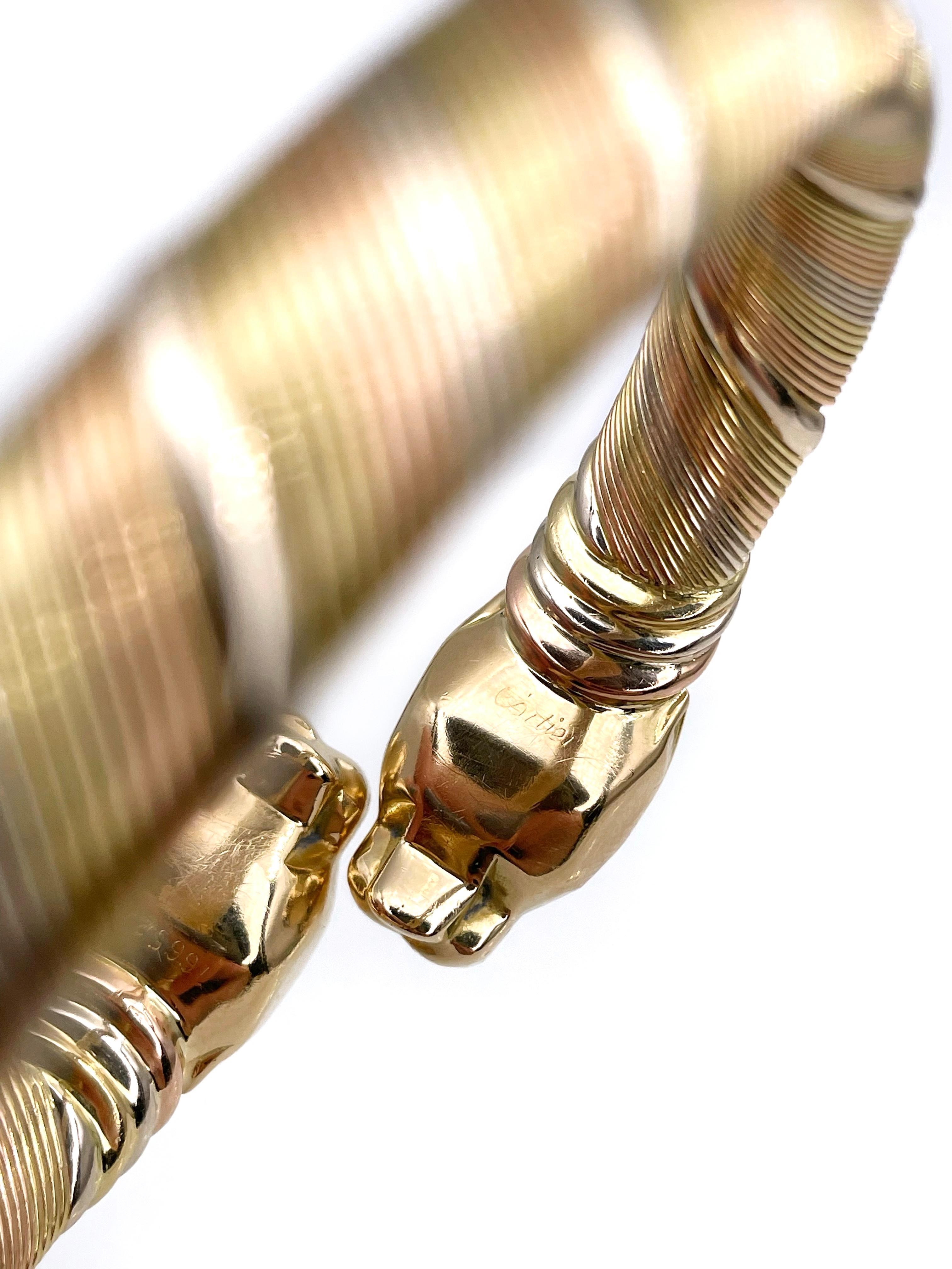 Cartier Bracelet manchette panthère à double tête en or tricolore 18 carats des années 1980 en vente 3