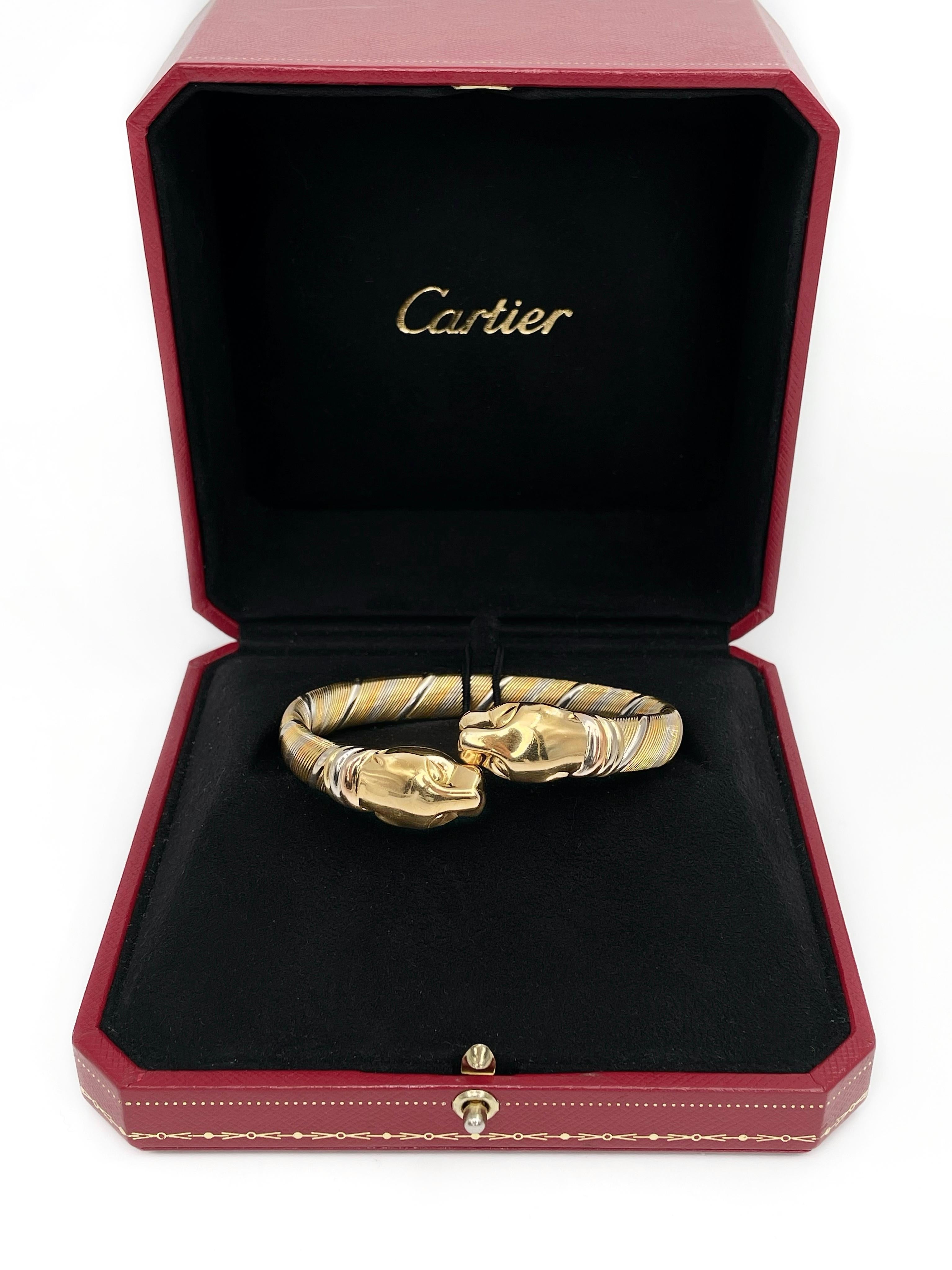 1980s Cartier 18 Karat Tri-Color Gold Double Head Panther Cuff Bangle Bracelet 4