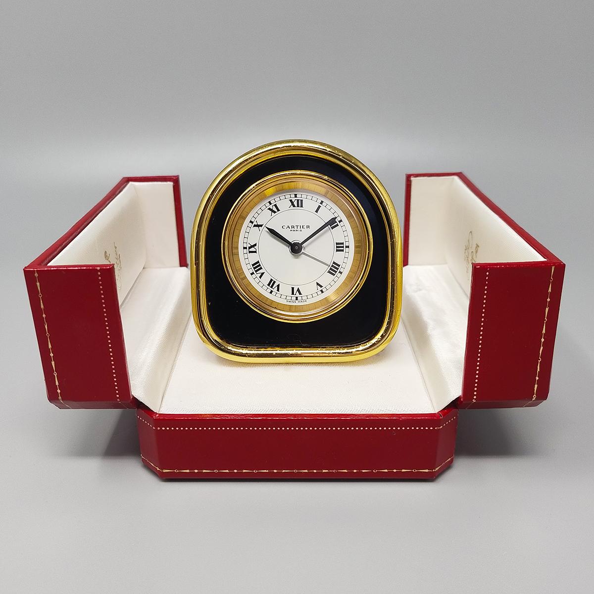 Mid-Century Modern 1980s Cartier Art Deco Style Alarm Clock 24K Gold Plated. Made in Swiss For Sale