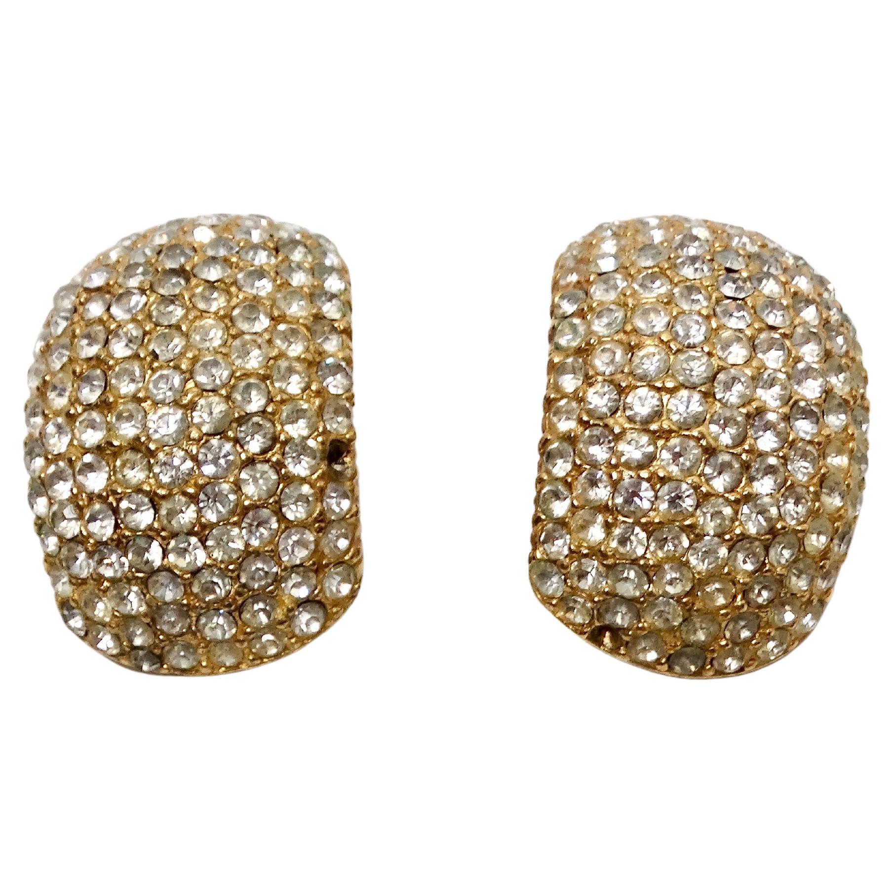 1980s Cartier Inspired Ciner 14k Gold Plated Rhinestone Encrusted Earrings For Sale