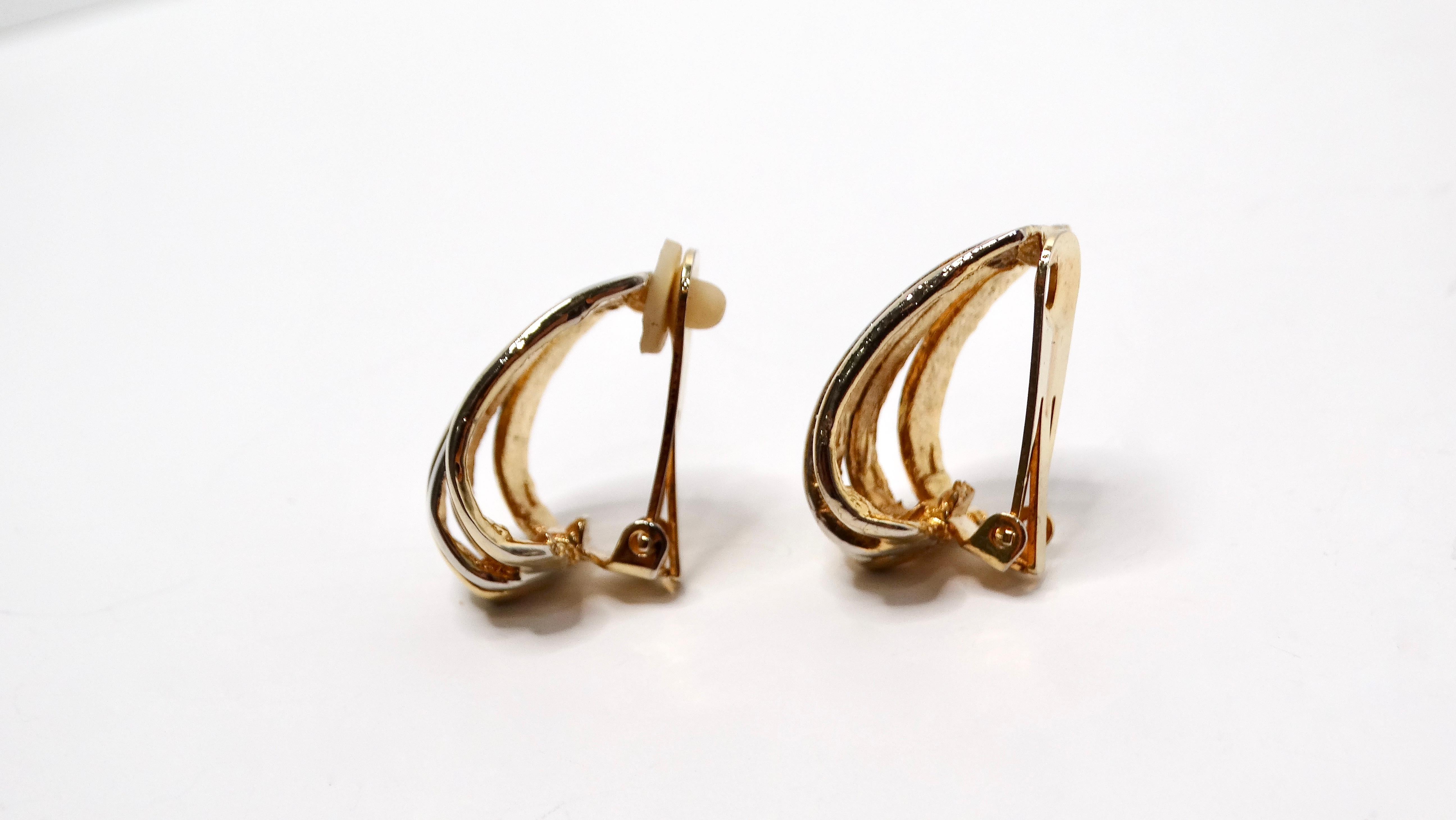 1980s Cartier Inspired Sculpted Two-Tone 14k Gold Plated Clip-On Earrings In Good Condition For Sale In Scottsdale, AZ