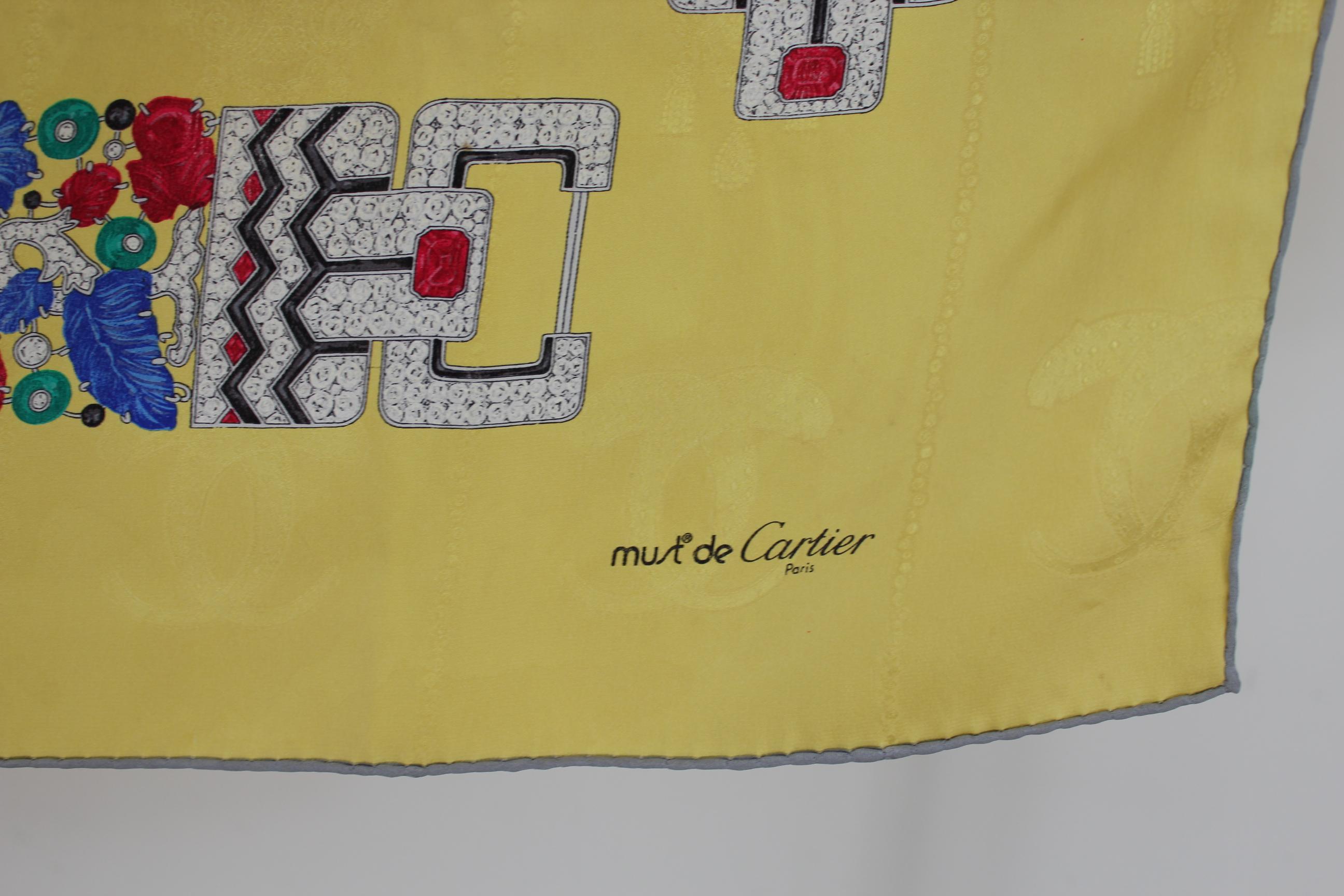 Beige Cartier Yellow Multicolour Silk Jewels Rare Scarf 1980s 