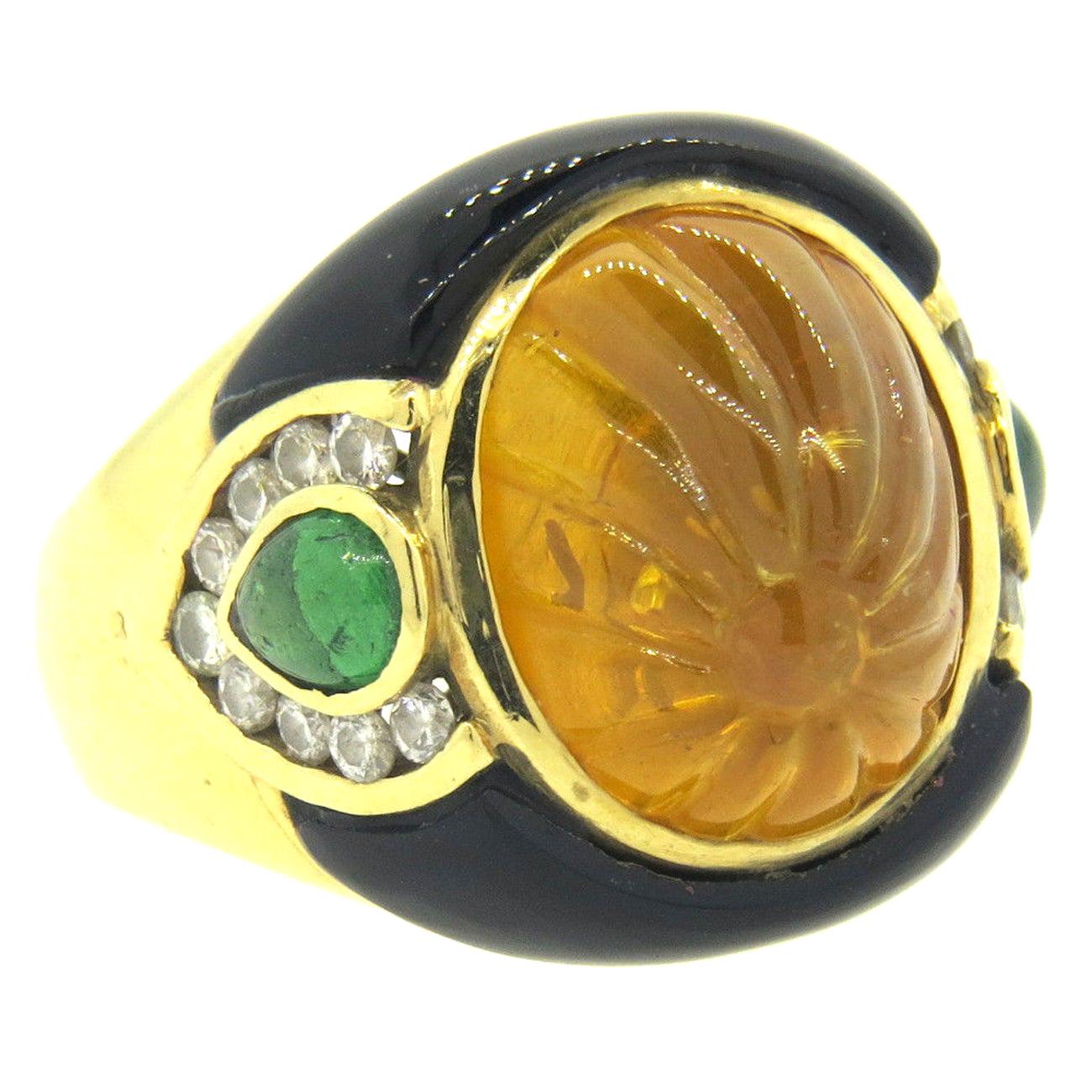 1980s Carved Citrine Onyx Emerald Diamond Gold Ring