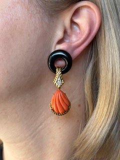 1980s Carved Coral Diamond Onyx Gold Drop Earrings