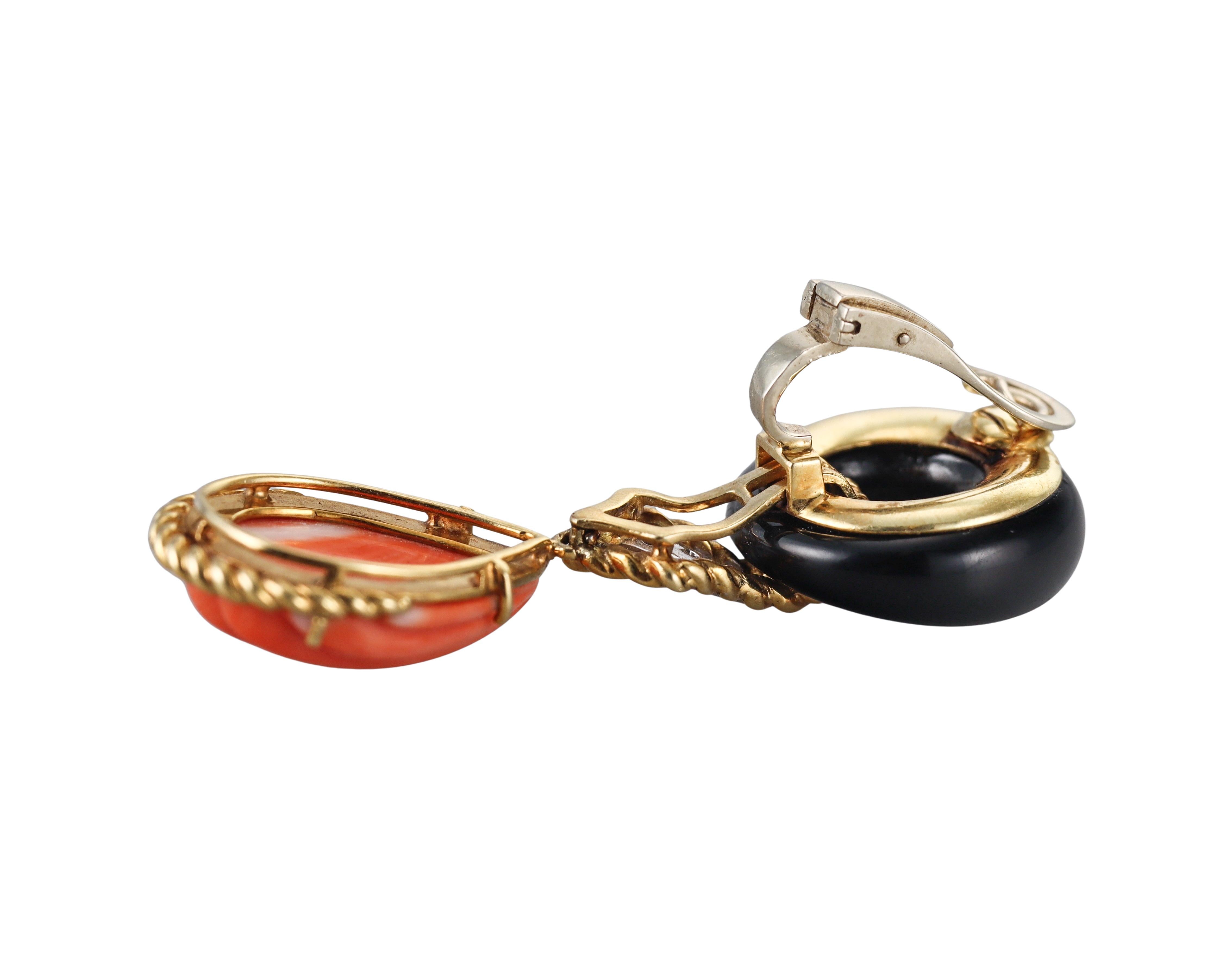 Round Cut 1980s Carved Coral Diamond Onyx Gold Drop Earrings For Sale