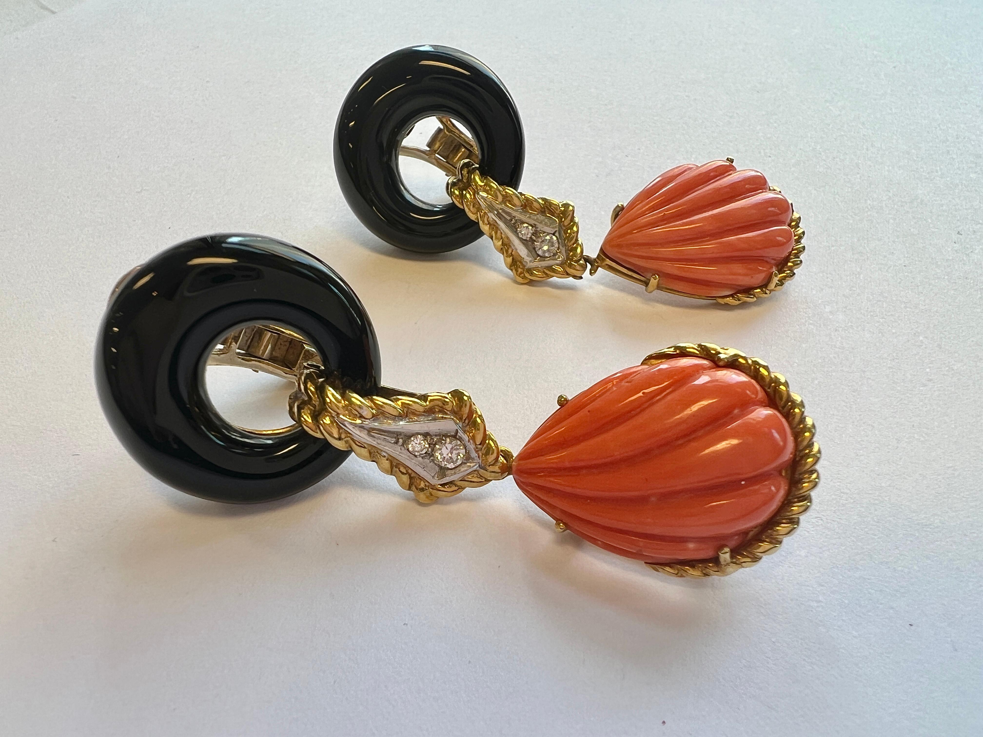 Women's 1980s Carved Coral Diamond Onyx Gold Drop Earrings For Sale