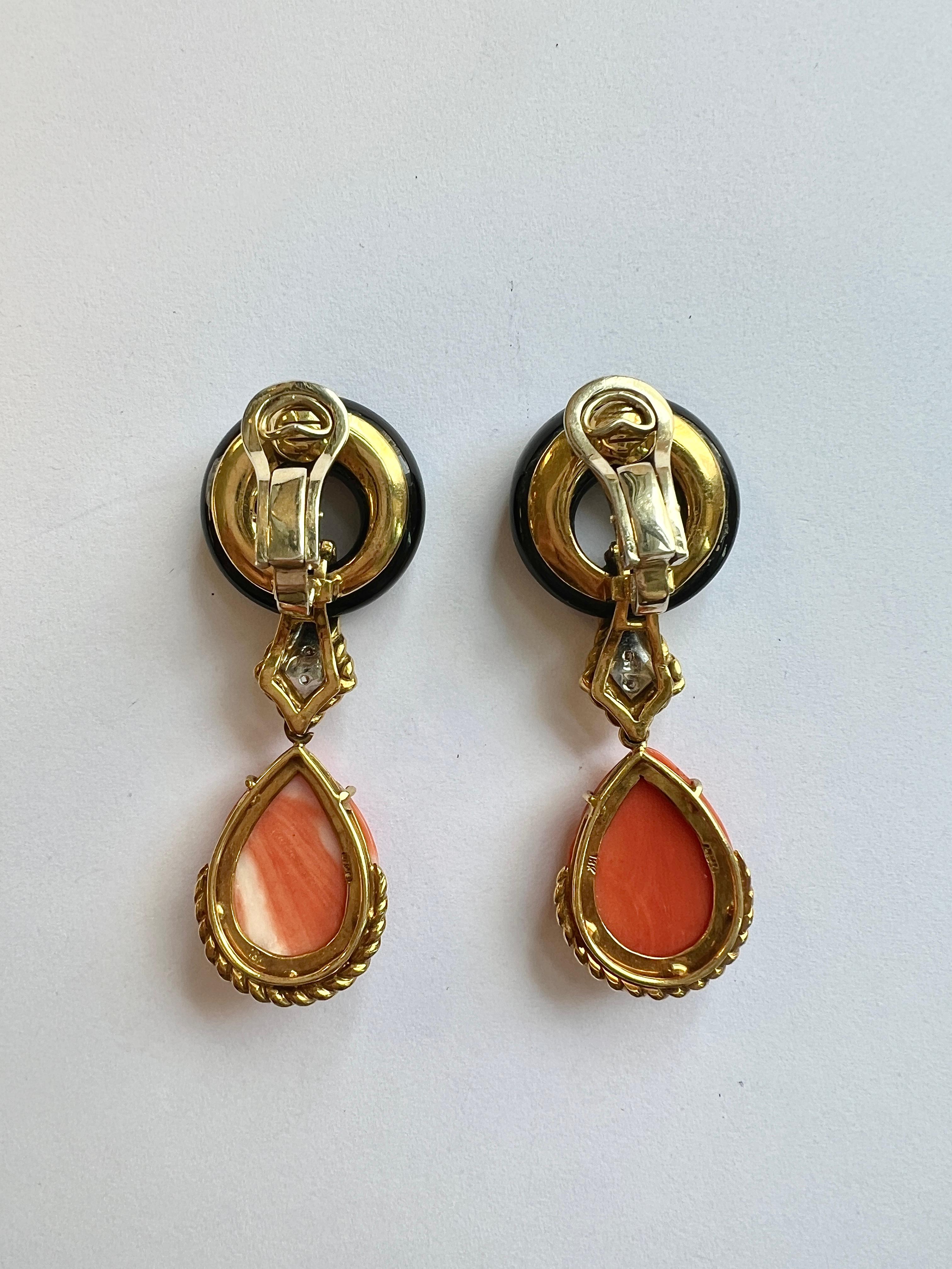 1980s Carved Coral Diamond Onyx Gold Drop Earrings For Sale 1