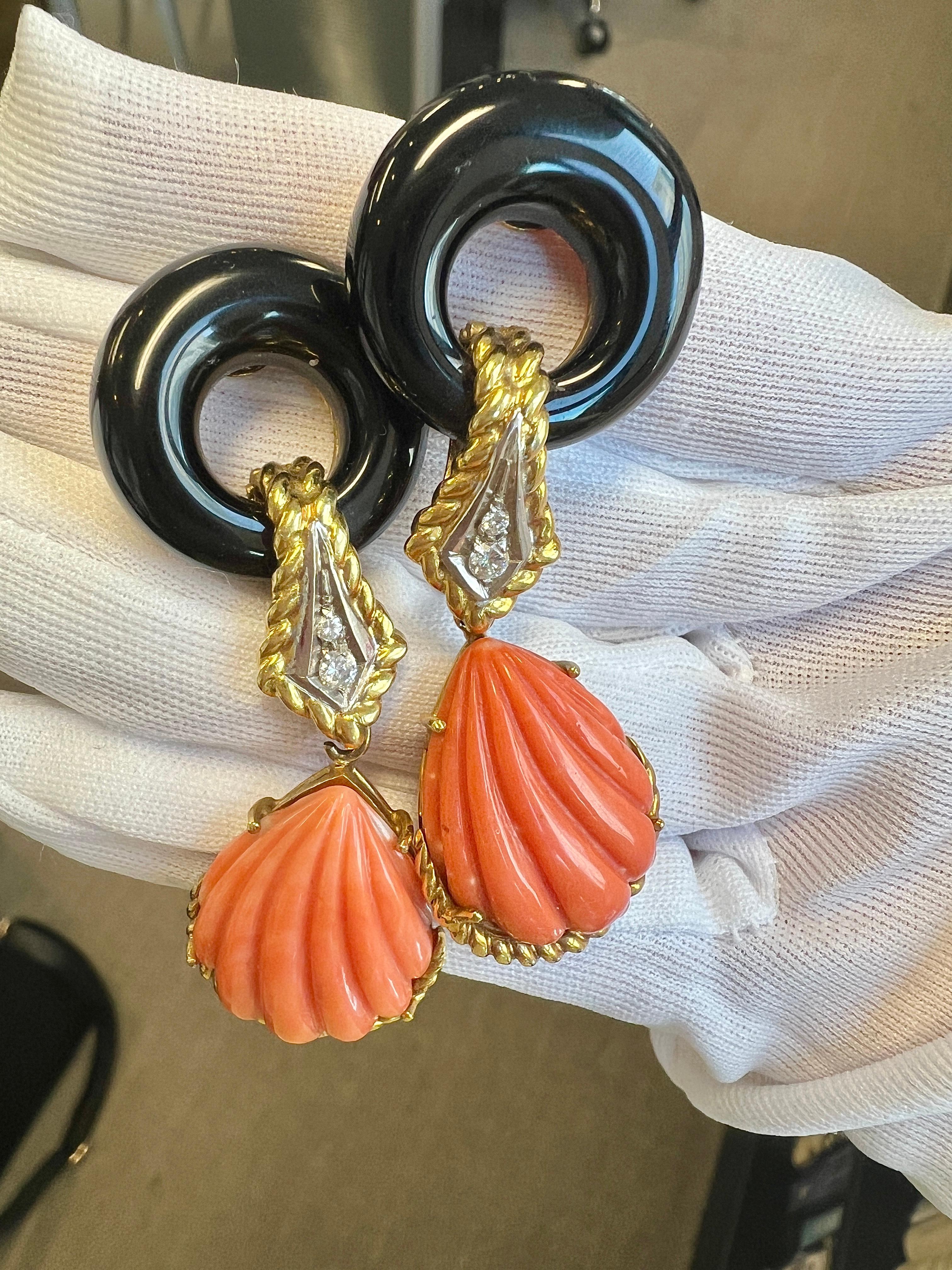 1980s Carved Coral Diamond Onyx Gold Drop Earrings For Sale 3