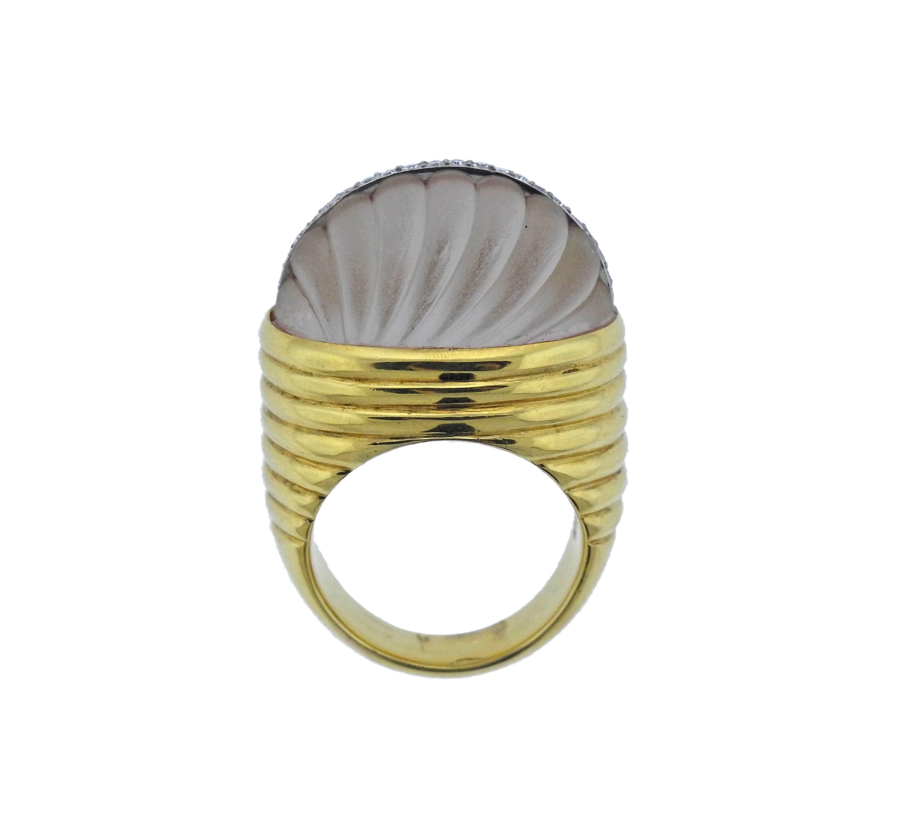 14k yellow gold ring featuring a carved frosted crystal and 0.20ctw H/ VS-SI diamonds. Ring size - 8.75, ring top is 20mm x 26mm, sits approx. 17mm from the top of the finger. Weighs 26.6 grams. Marked 14k.