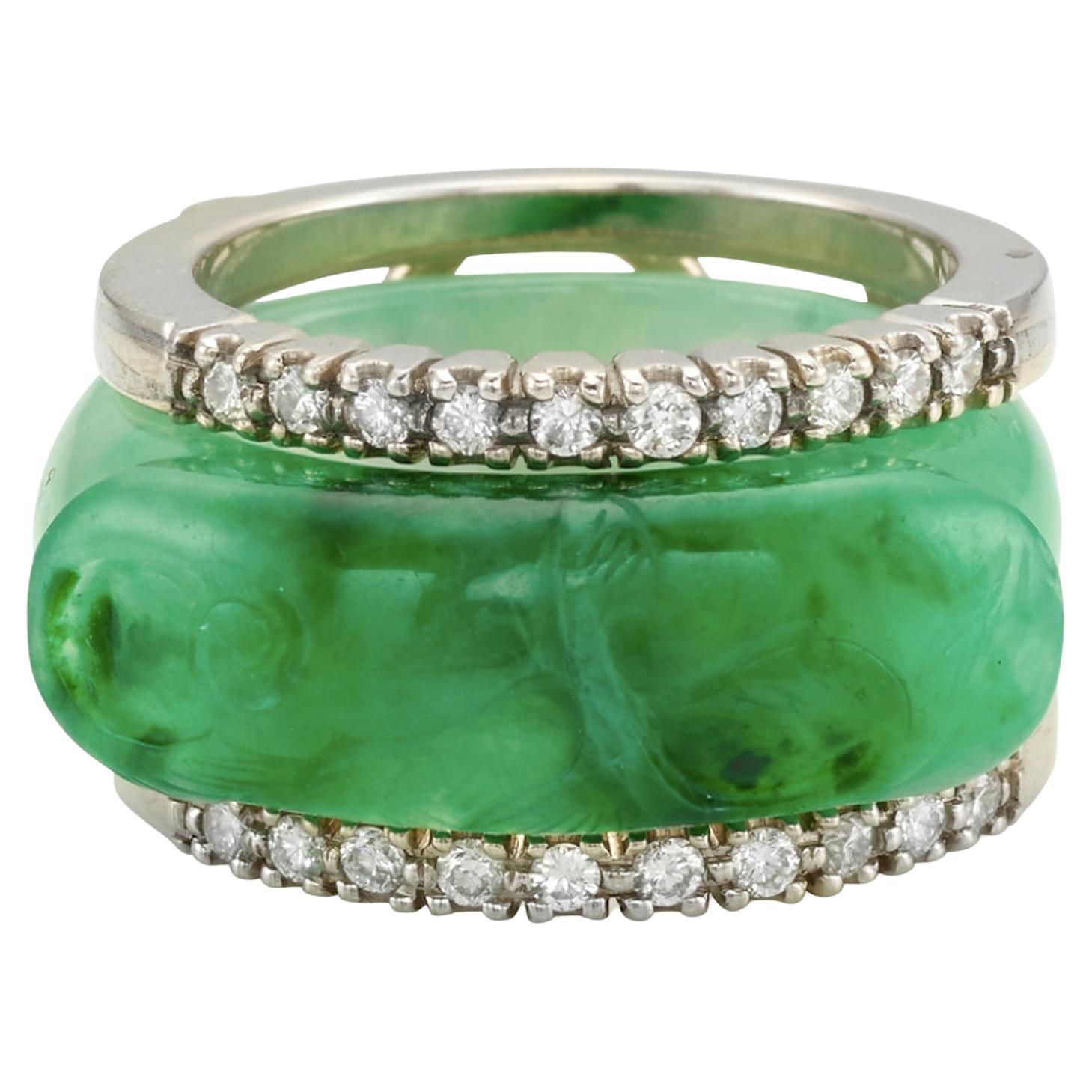 1980s Carved Jade and Diamond Ring