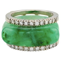 Vintage 1980s Carved Jade and Diamond Ring