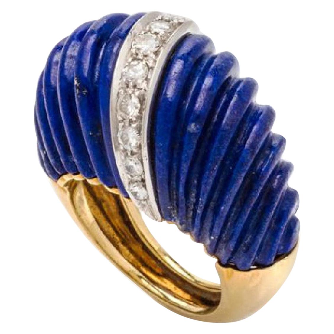 1980s Carved Lapis and Diamond 18 Karat Gold Dome Ring