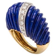 Vintage 1980s Carved Lapis and Diamond 18 Karat Gold Dome Ring