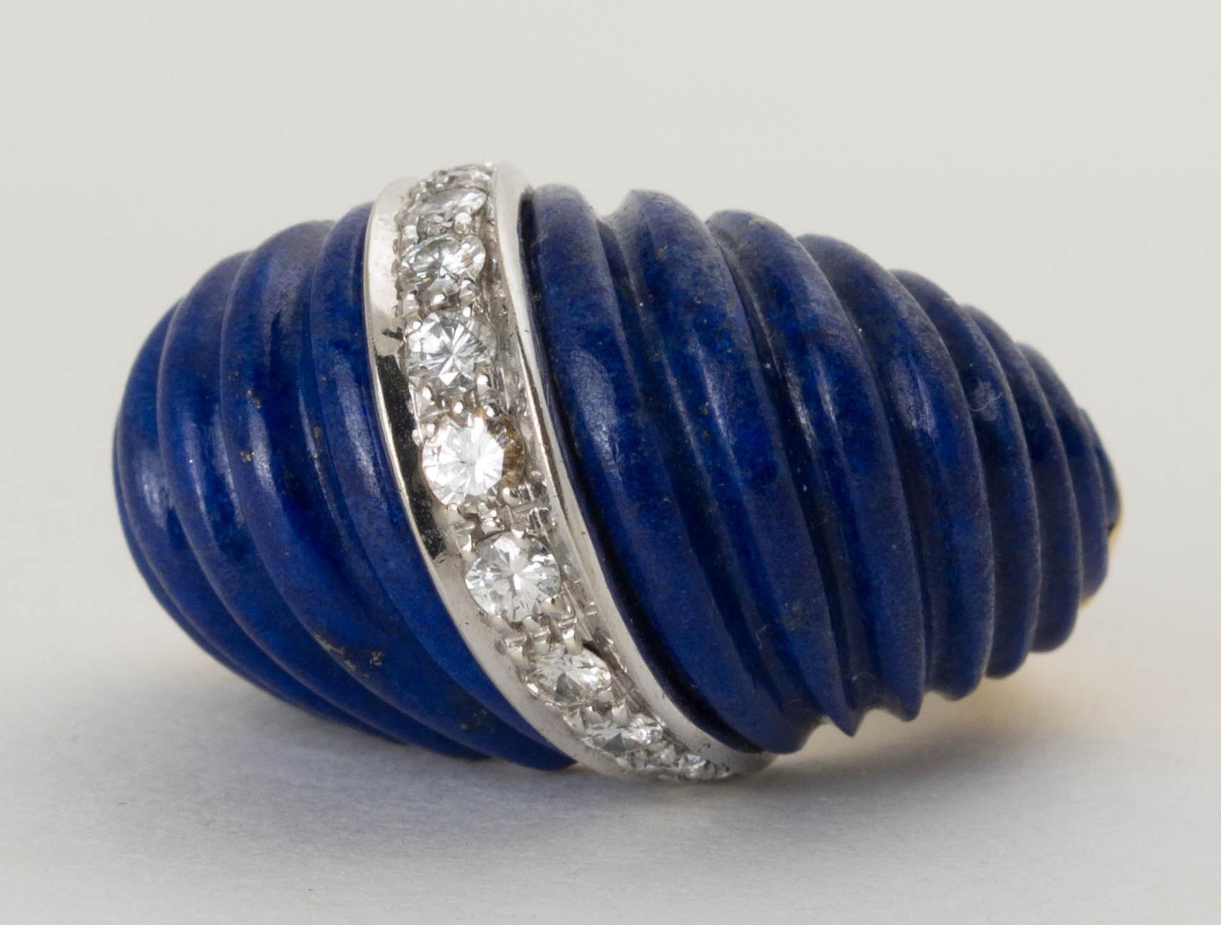 Modern 1980s Carved Lapis and Diamond 18 Karat Gold Dome Ring For Sale