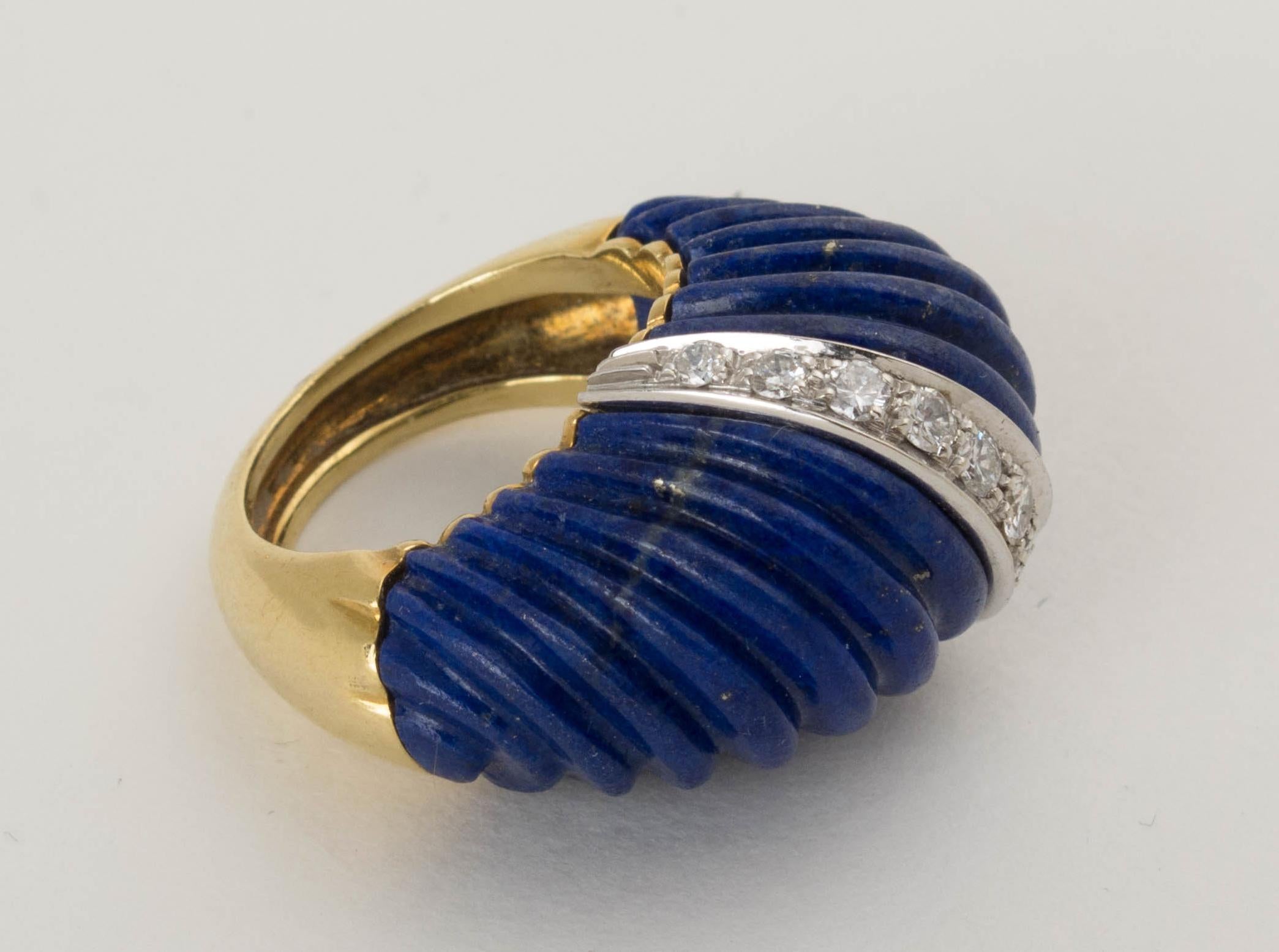 1980s Carved Lapis and Diamond 18 Karat Gold Dome Ring In Good Condition For Sale In Austin, TX